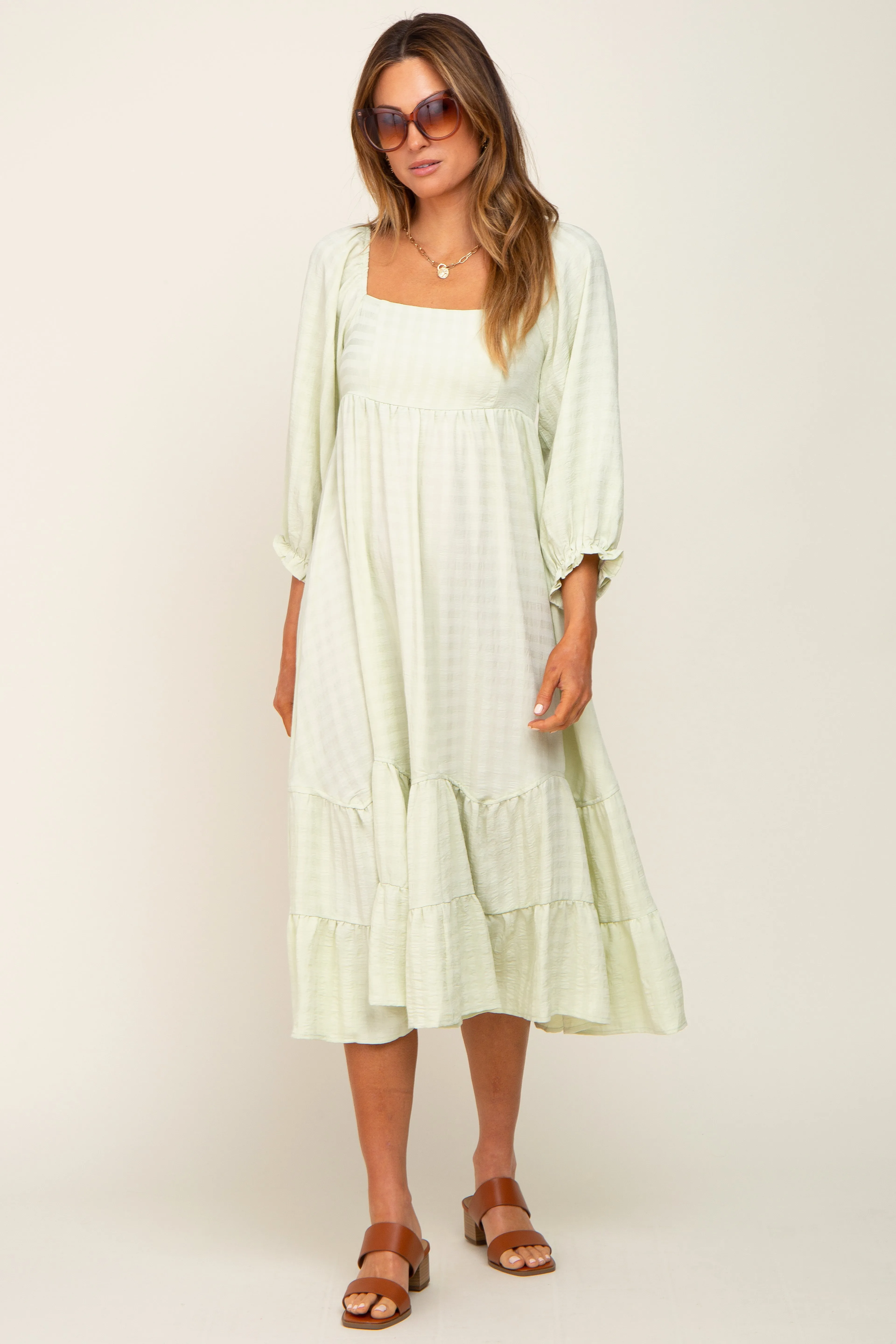 Light Green Striped 3/4 Cinched Sleeve Tiered Midi Dress sold by Pinkblush product image thumbnail 5