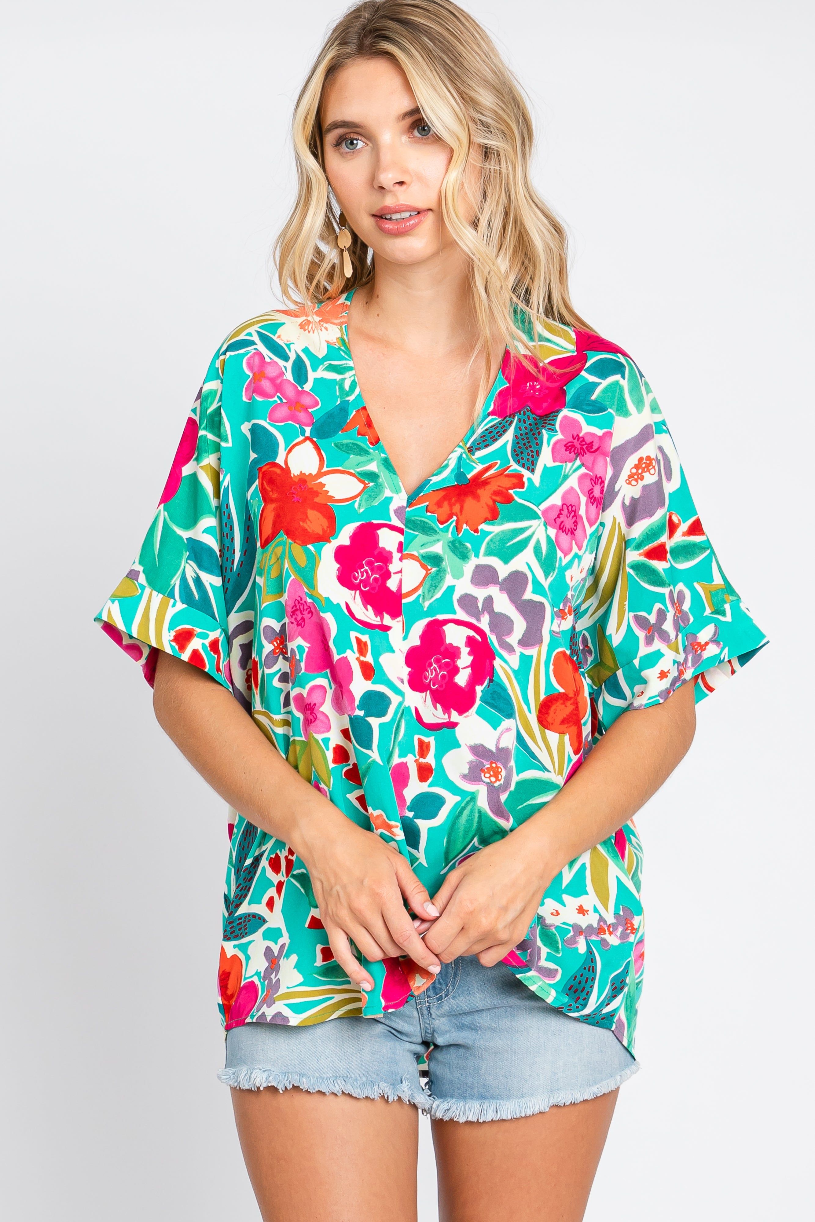 Emerald Green Floral V-Neck Blouse sold by Pinkblush