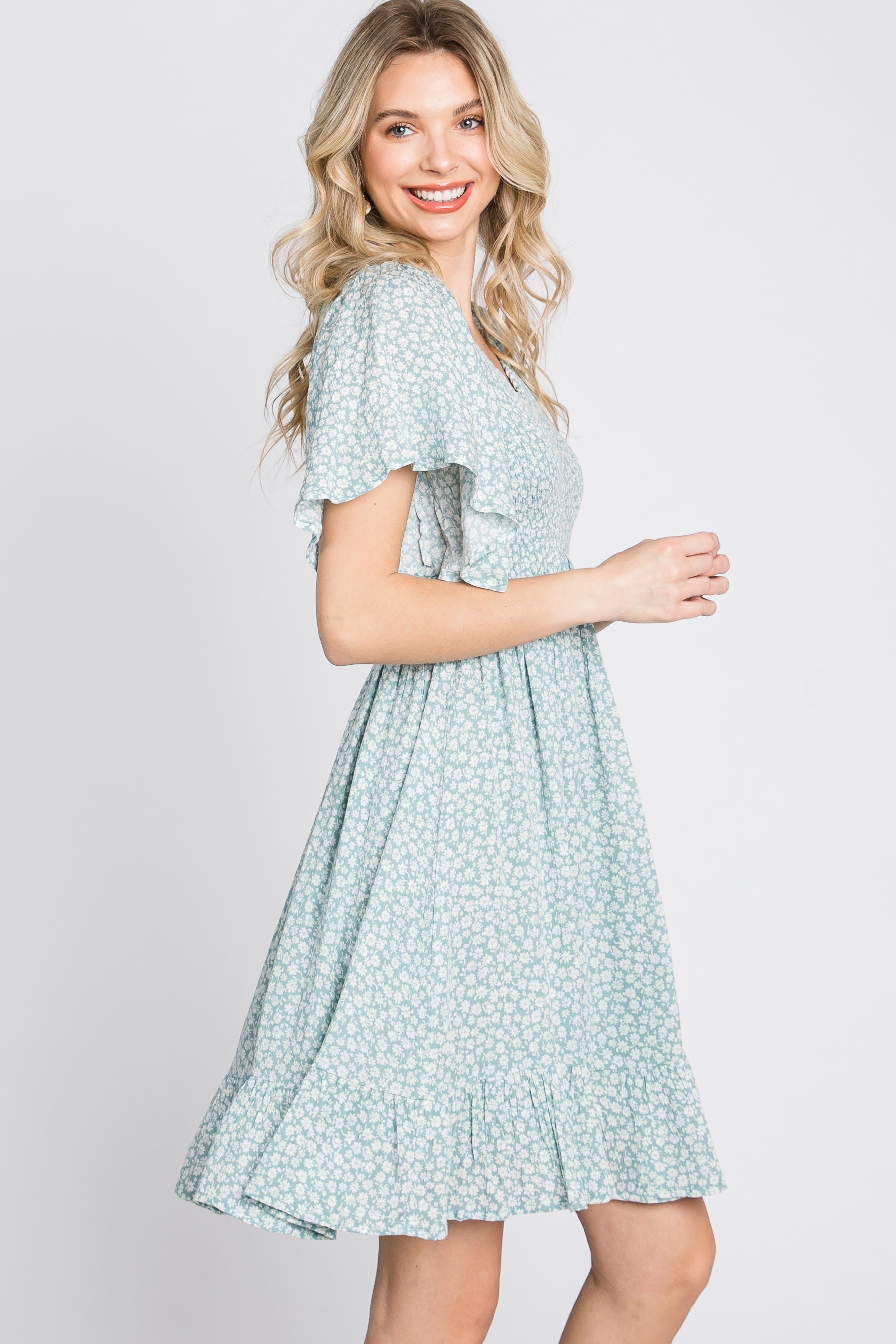 Mint Green Floral Print Smocked V-Neck Dress sold by Pinkblush product image thumbnail 5