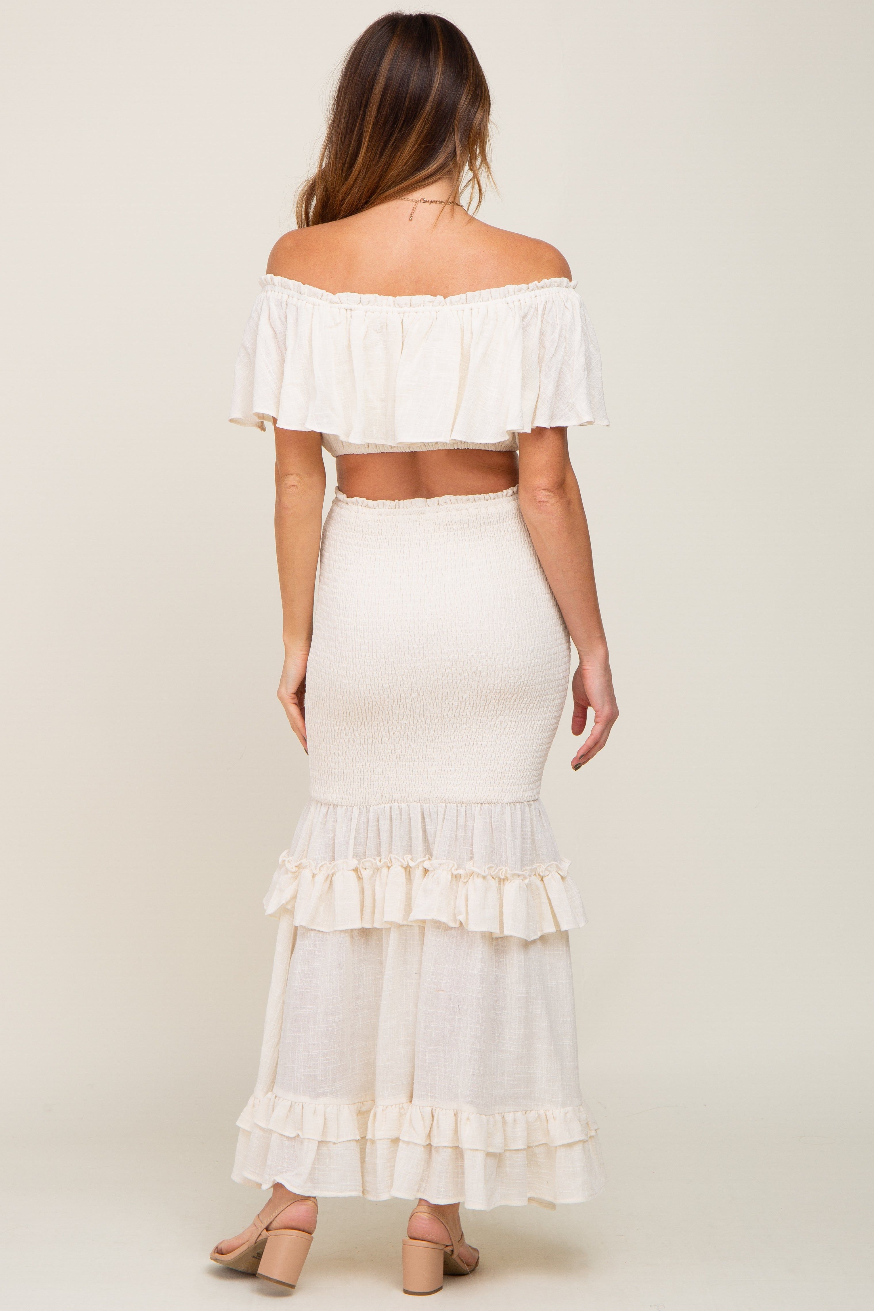 Cream Linen Off Shoulder Top and Smocked Tiered Skirt Set sold by Pinkblush product image thumbnail 3