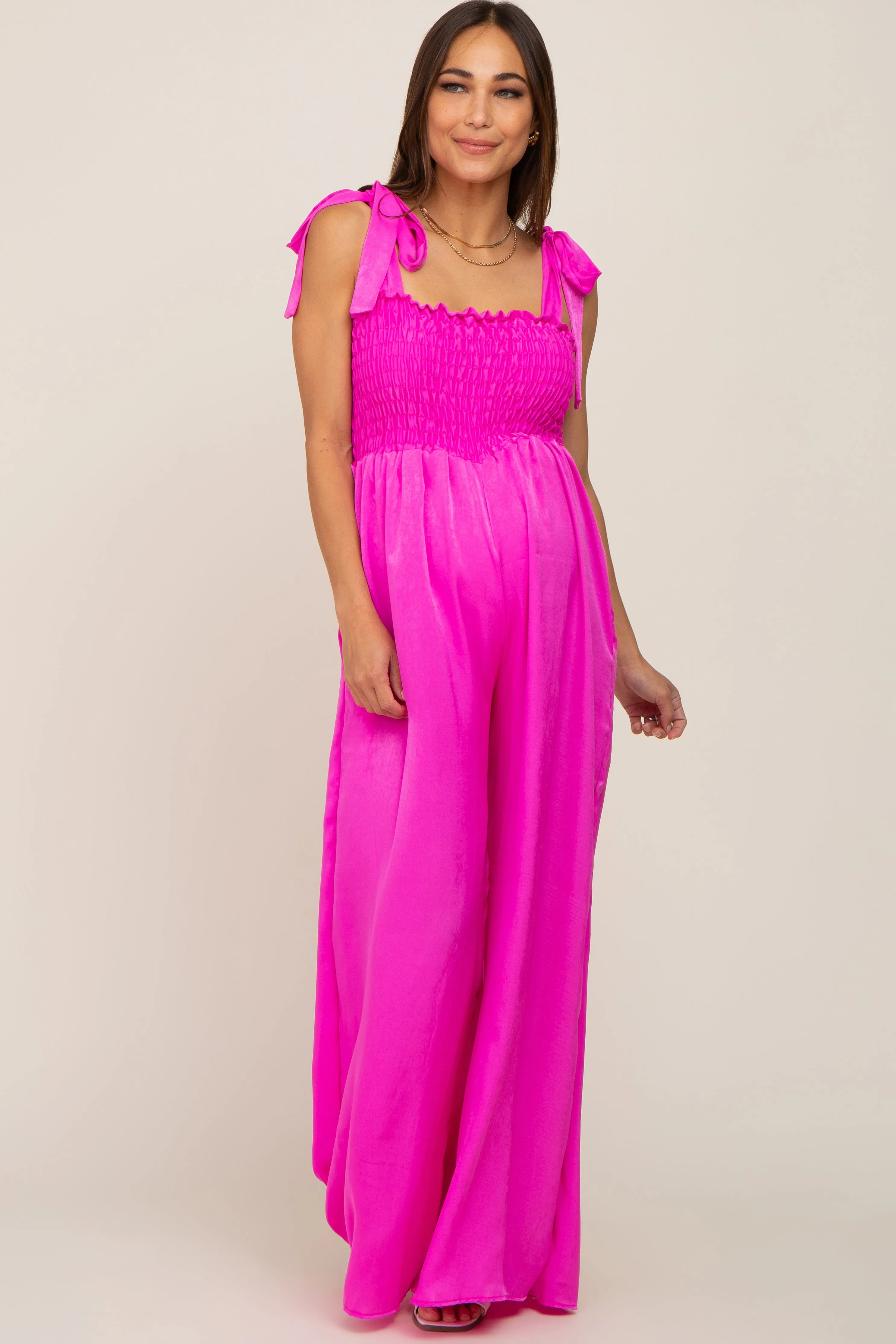 Fuchsia Satin Smocked Square Neck Shoulder Tie Maternity Jumpsuit sold by Pinkblush product image thumbnail 4