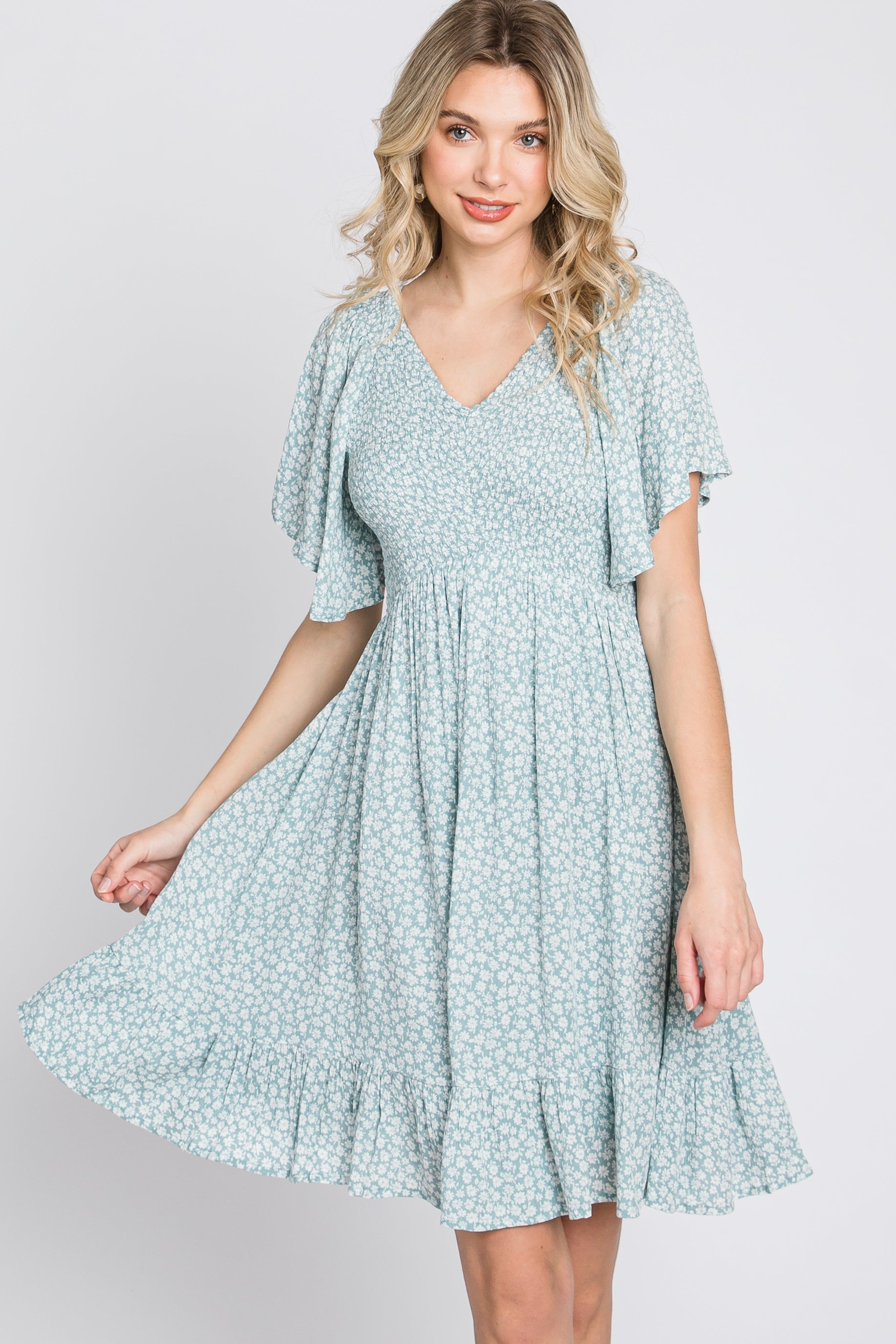 Mint Green Floral Print Smocked V-Neck Dress sold by Pinkblush product image thumbnail 3