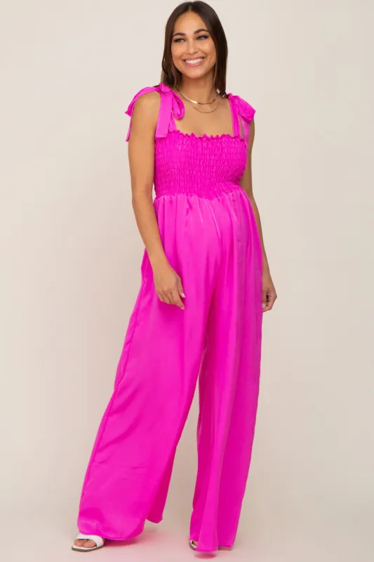 Fuchsia Satin Smocked Square Neck Shoulder Tie Maternity Jumpsuit sold by Pinkblush