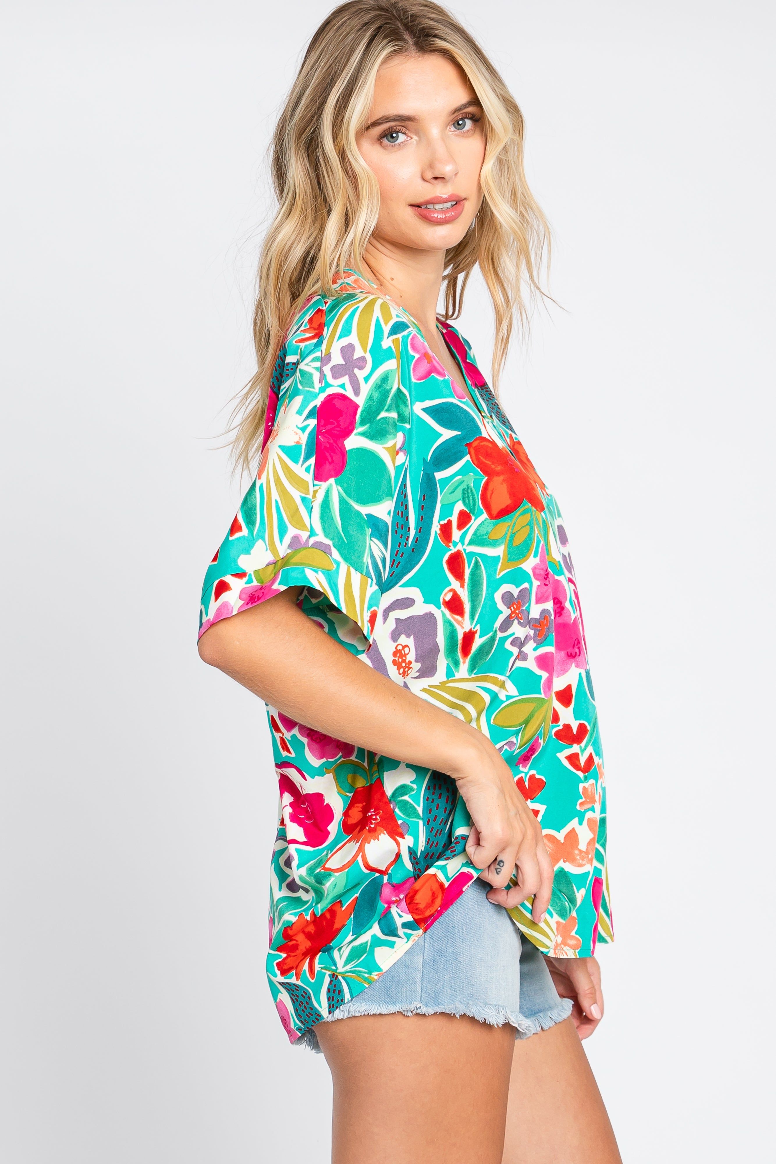 Emerald Green Floral V-Neck Blouse sold by Pinkblush product image thumbnail 2