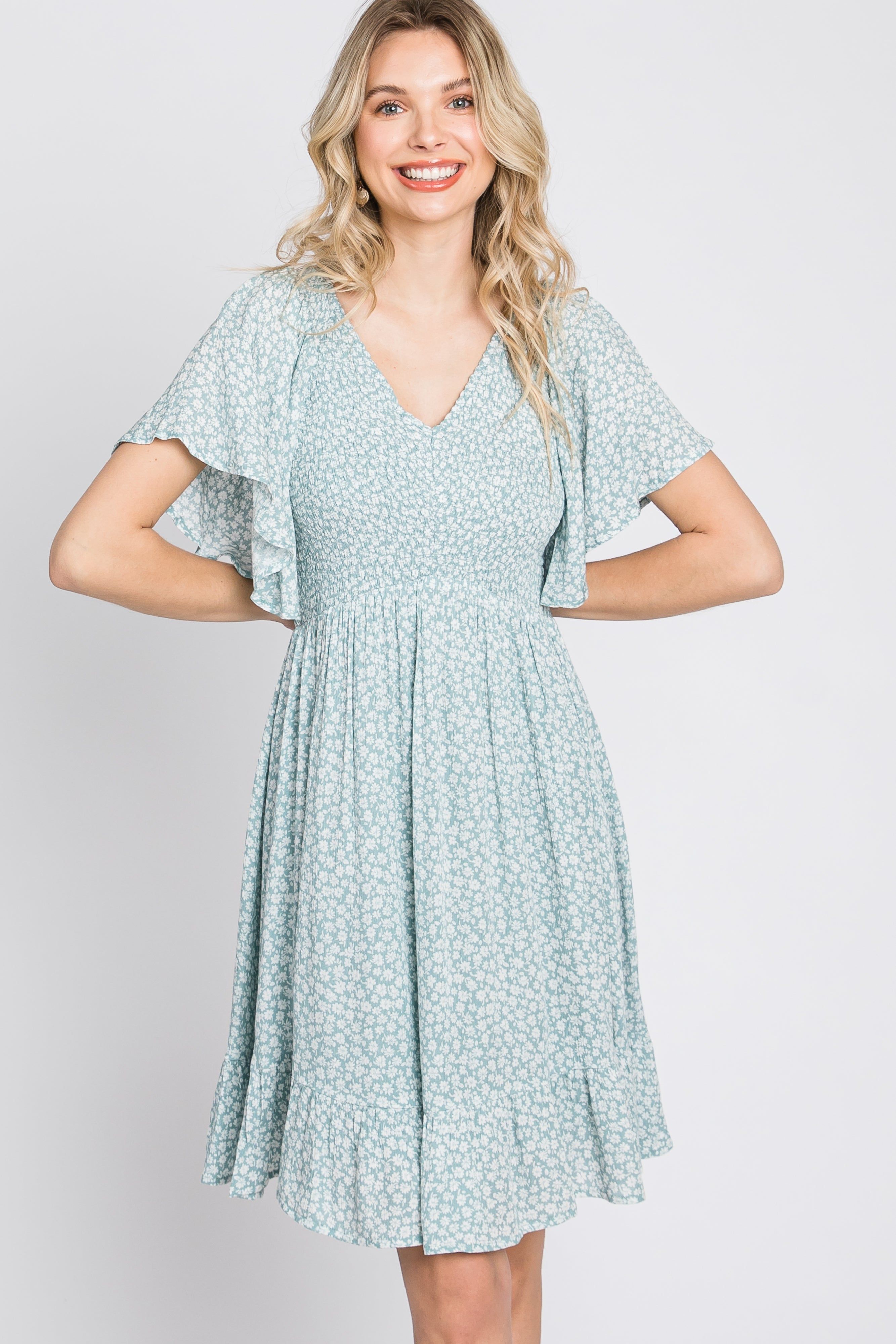 Mint Green Floral Print Smocked V-Neck Dress sold by Pinkblush product image thumbnail 4