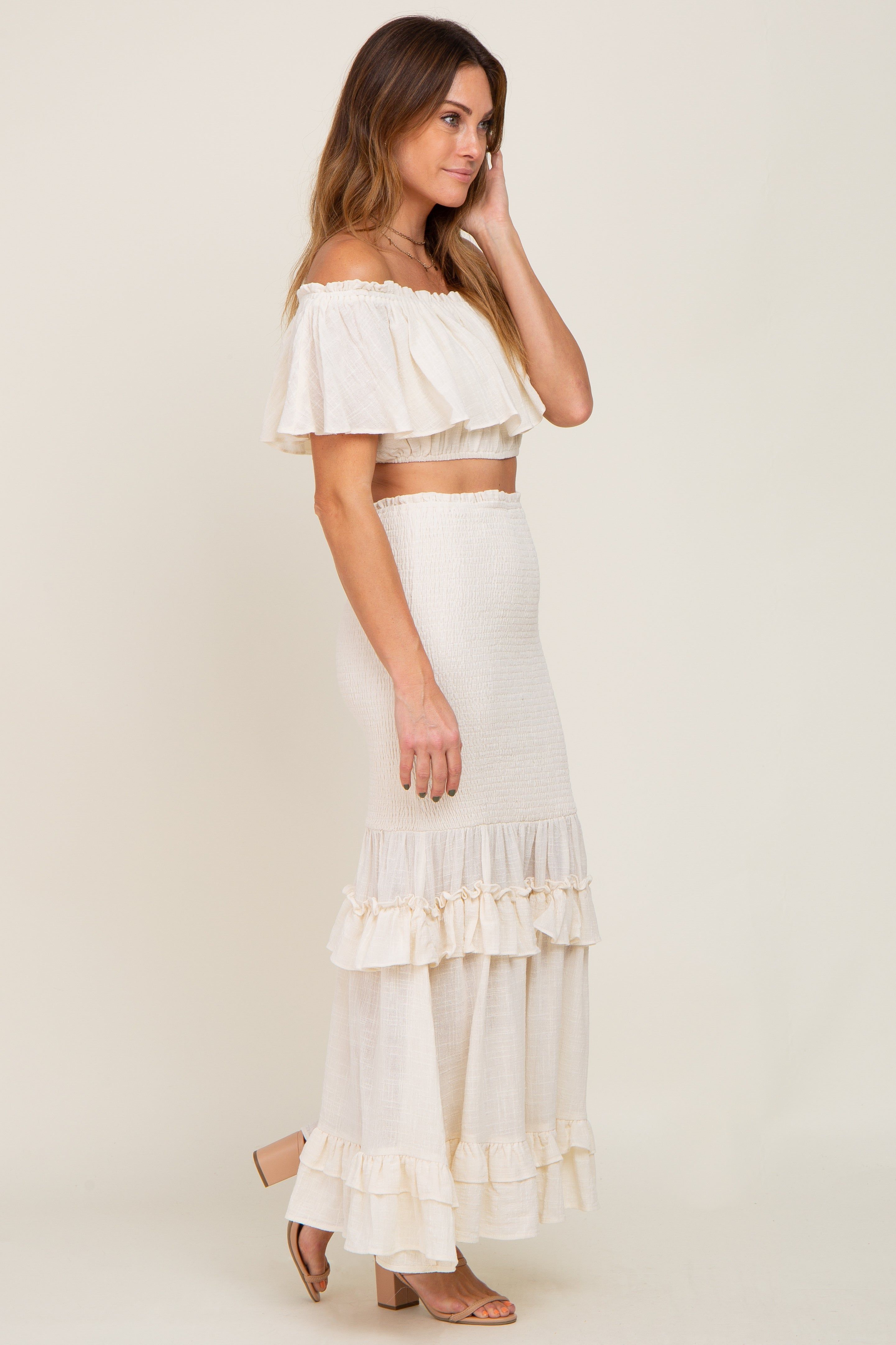 Cream Linen Off Shoulder Top and Smocked Tiered Skirt Set sold by Pinkblush product image thumbnail 2