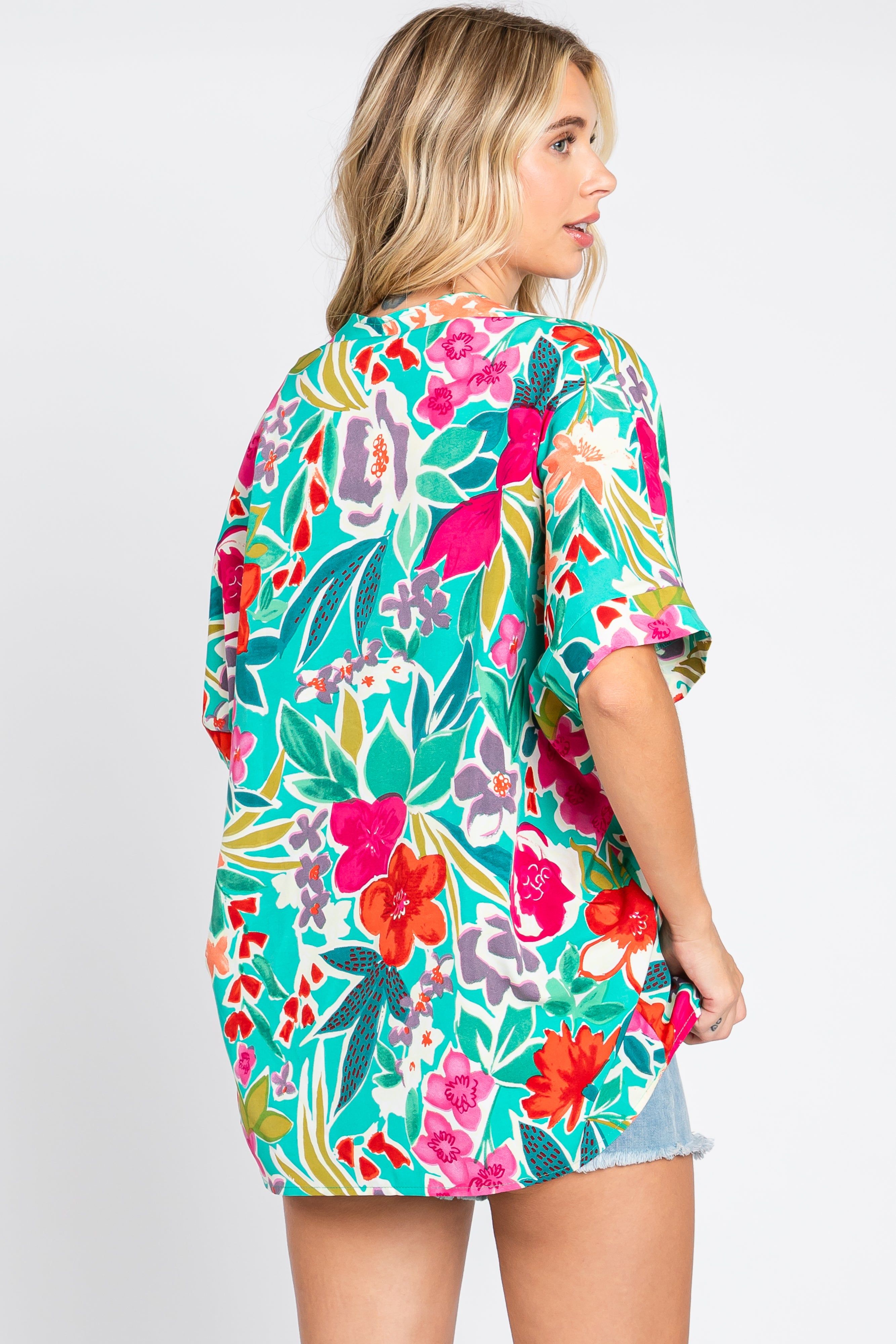 Emerald Green Floral V-Neck Blouse sold by Pinkblush product image thumbnail 3