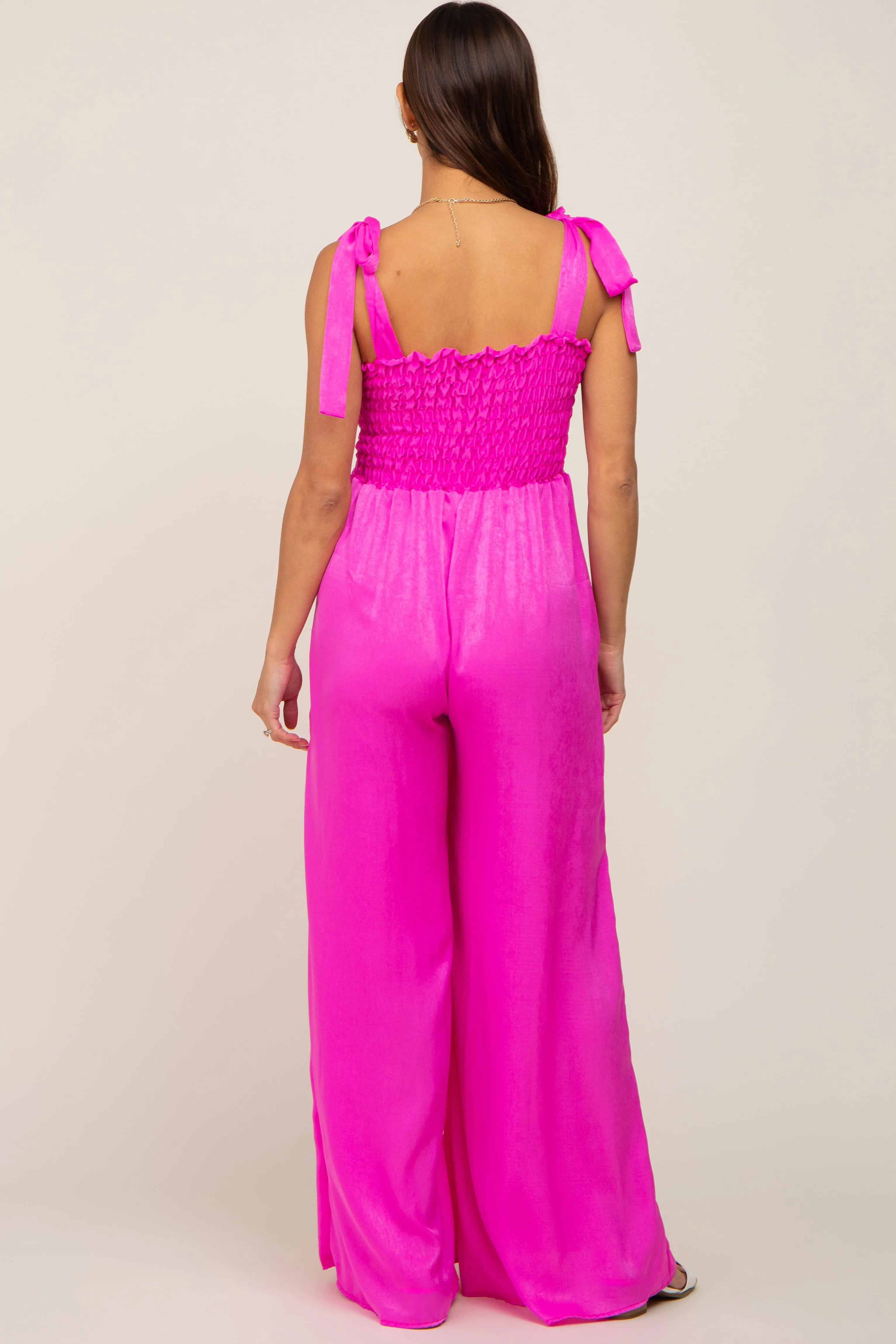 Fuchsia Satin Smocked Square Neck Shoulder Tie Maternity Jumpsuit sold by Pinkblush product image thumbnail 3