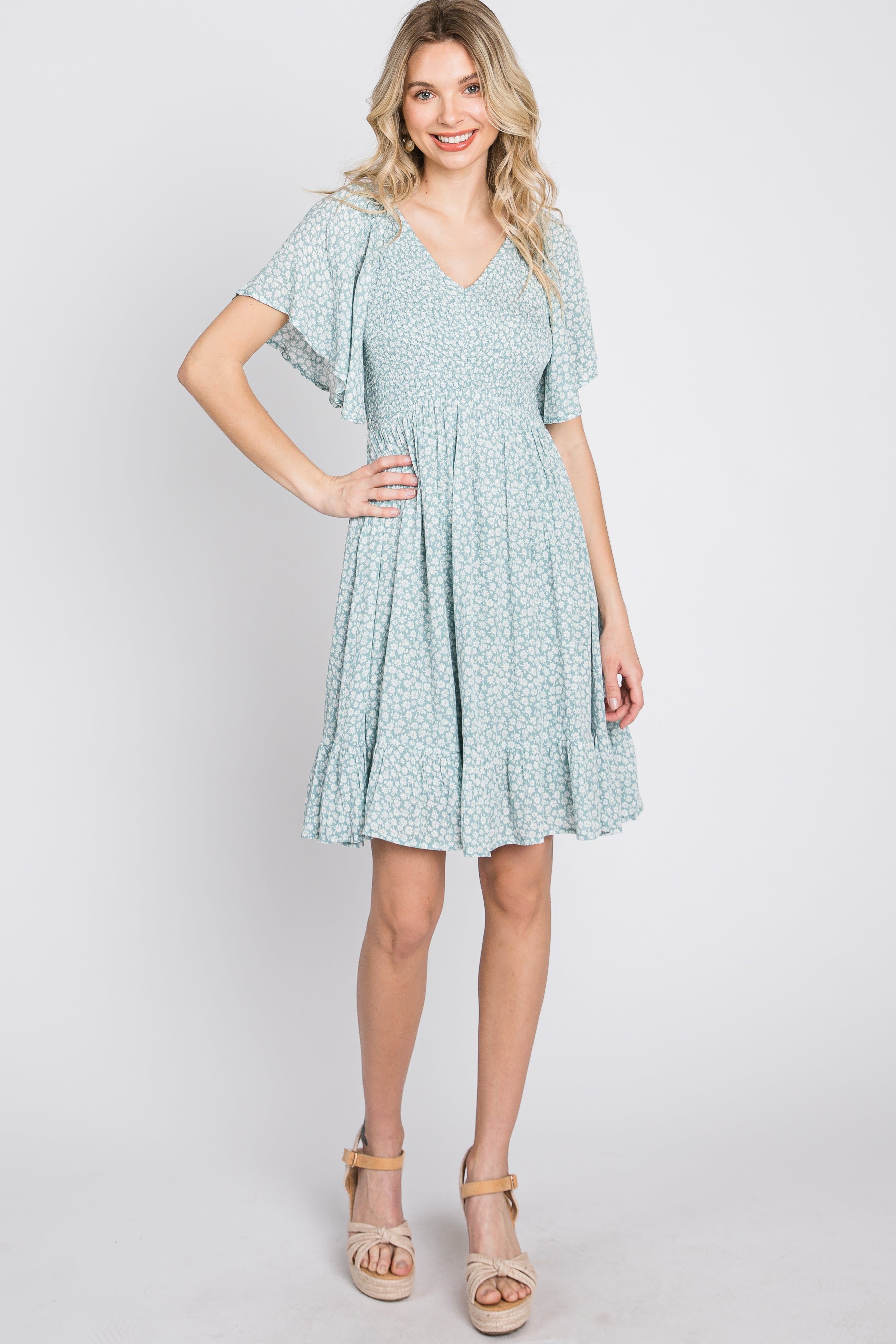 Mint Green Floral Print Smocked V-Neck Dress sold by Pinkblush product image thumbnail 2