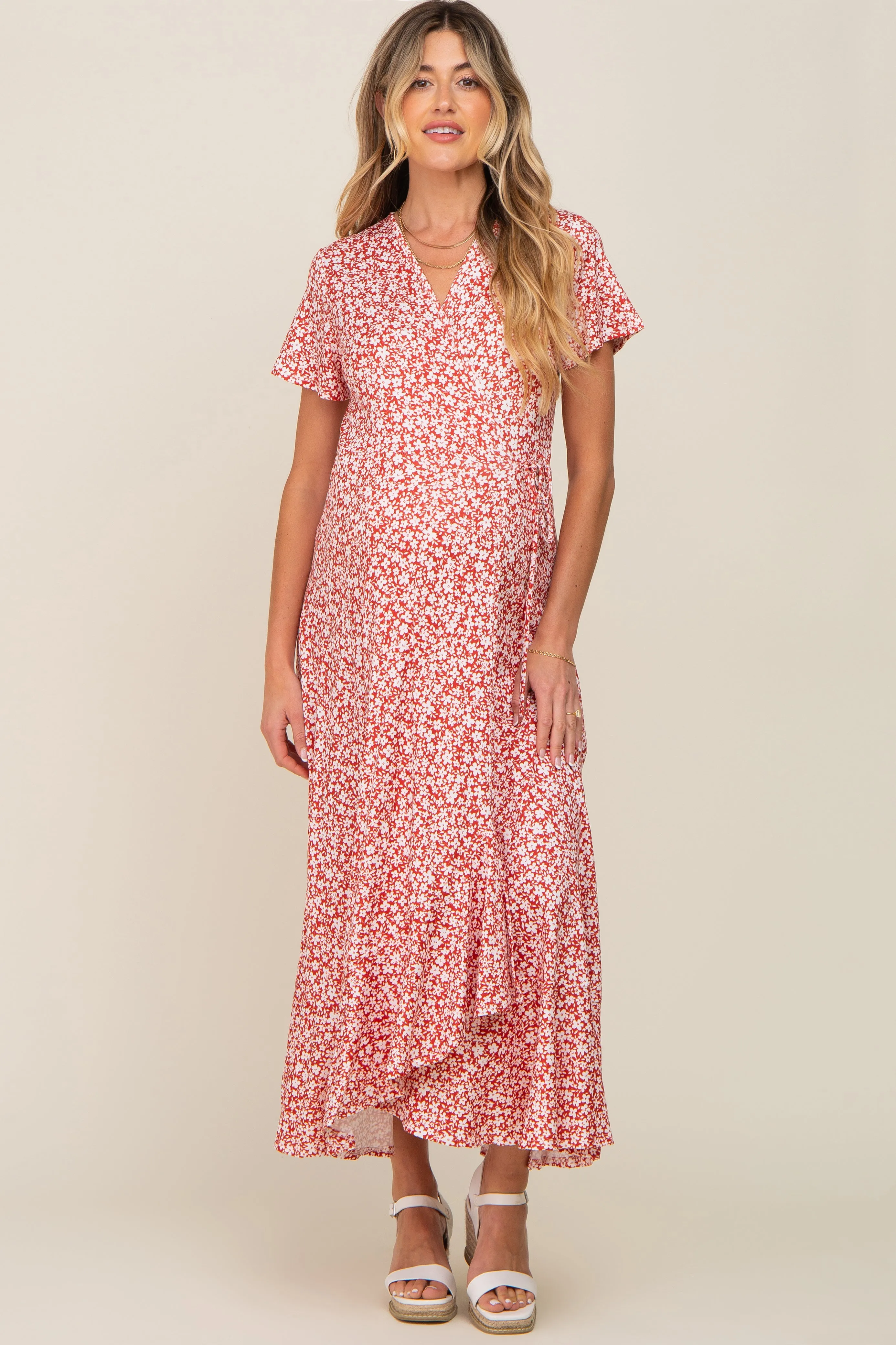 Red Floral Short Sleeve Maternity Wrap Maxi Dress sold by Pinkblush product image thumbnail 5