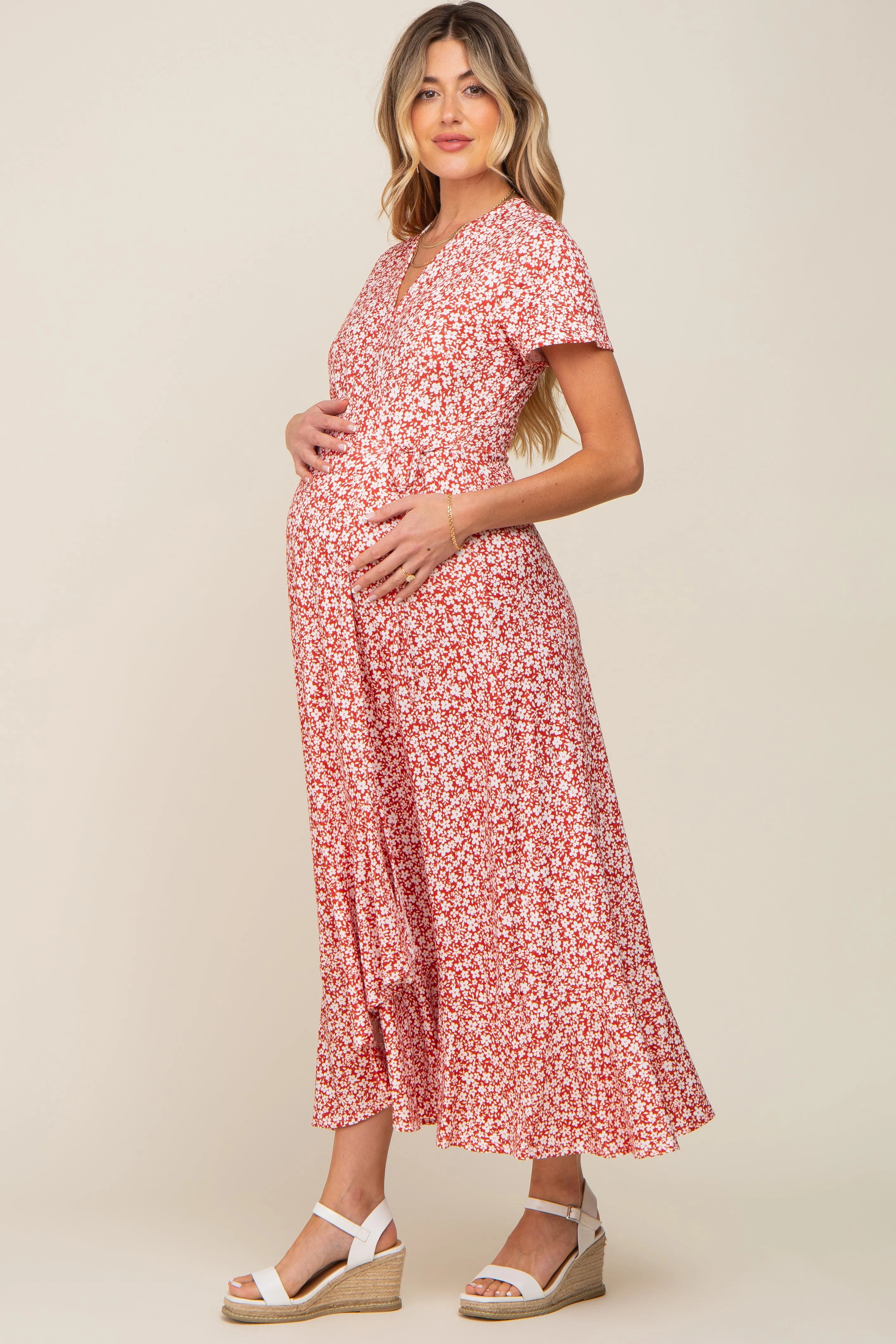Red Floral Short Sleeve Maternity Wrap Maxi Dress sold by Pinkblush product image thumbnail 2