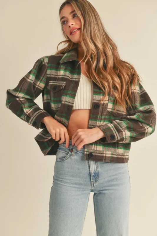 Brown Green Checker Plaid Shacket sold by Pinkblush