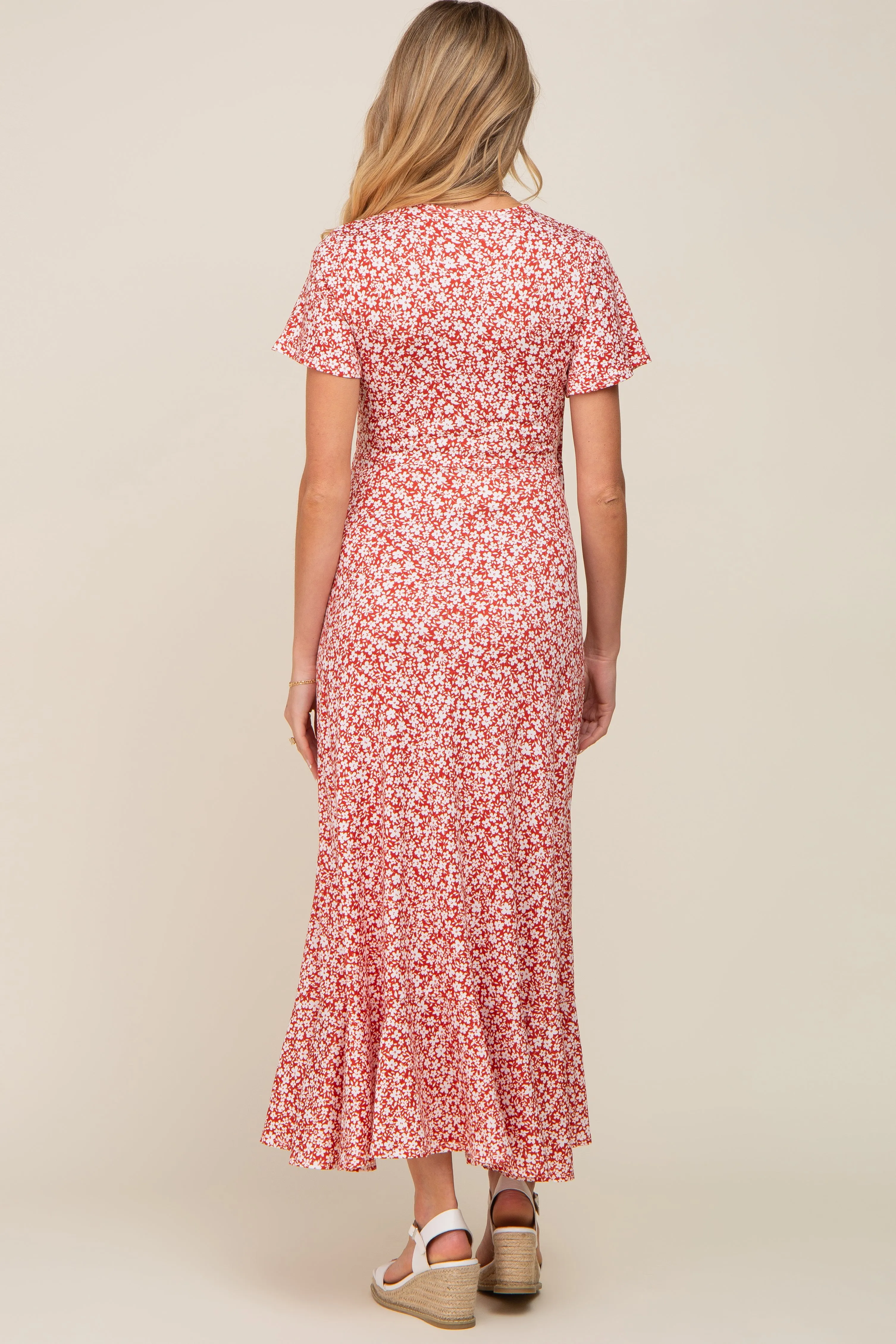 Red Floral Short Sleeve Maternity Wrap Maxi Dress sold by Pinkblush product image thumbnail 3