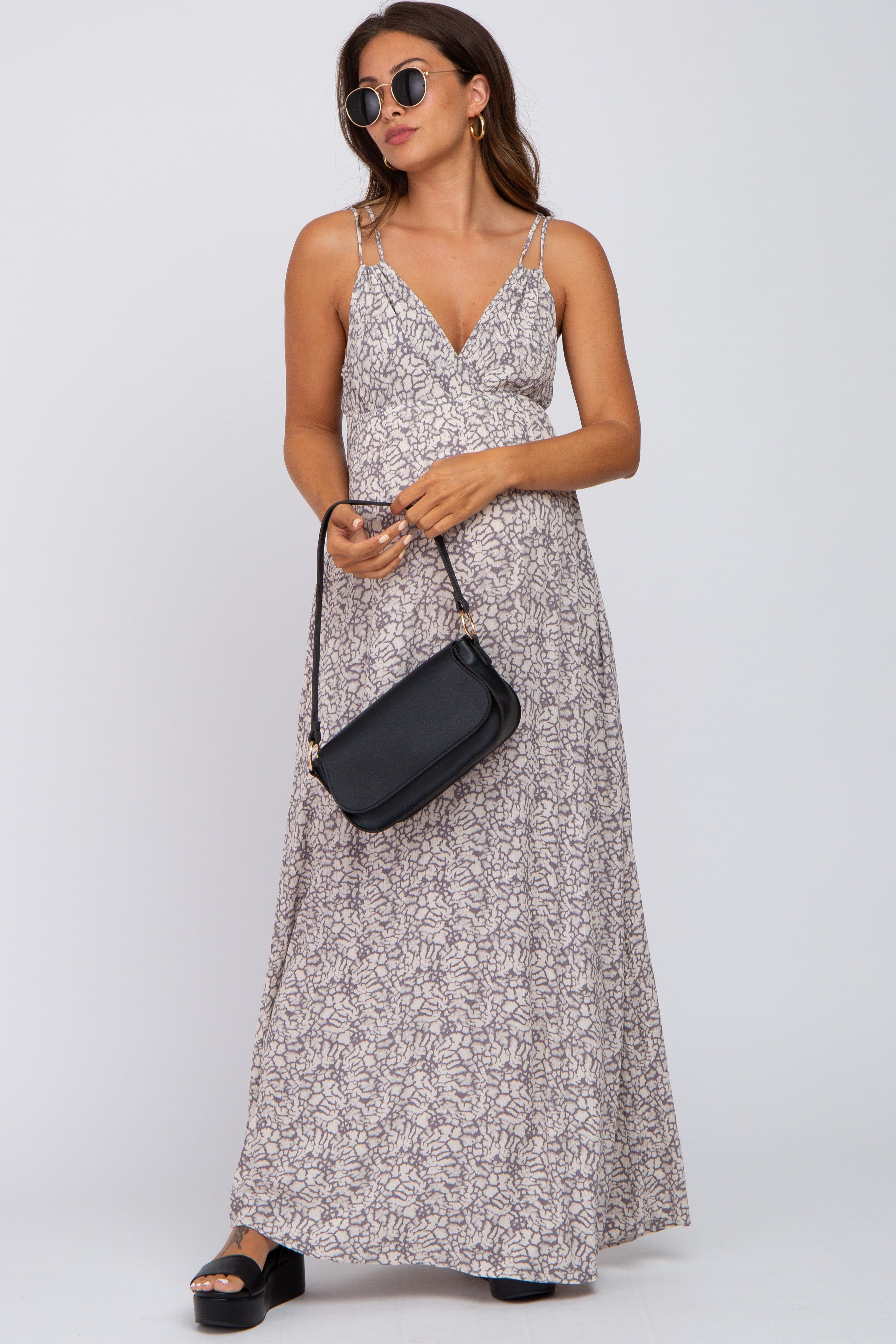 Grey Printed Sleeveless Maternity Maxi Dress sold by Pinkblush