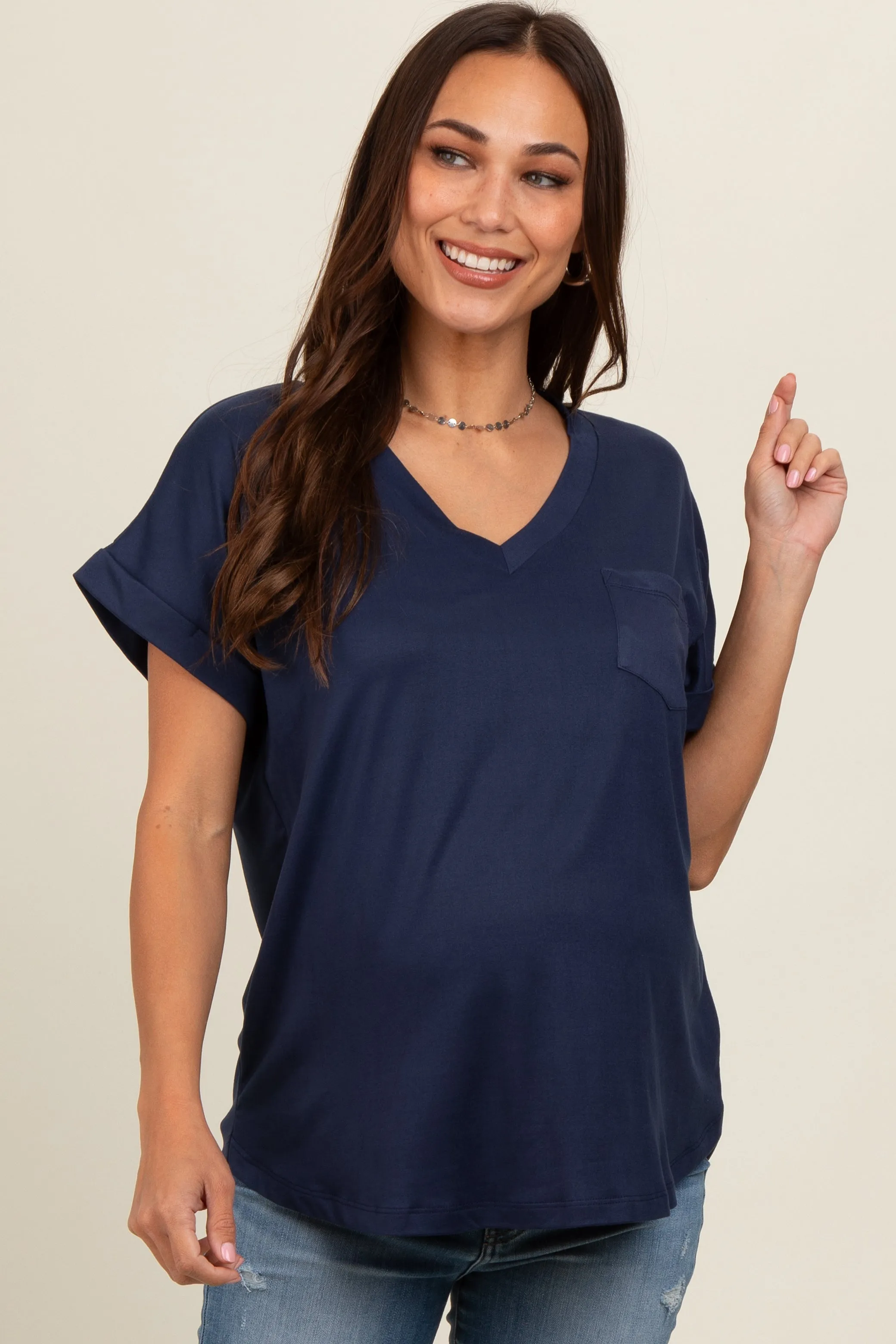 Navy V-Neck Pocket Short Sleeve Maternity Shirt sold by Pinkblush