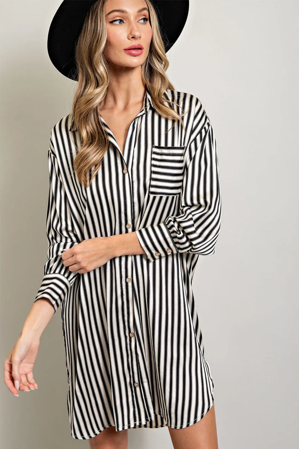 Black Cream Striped Collared Button-Down Dress sold by Pinkblush
