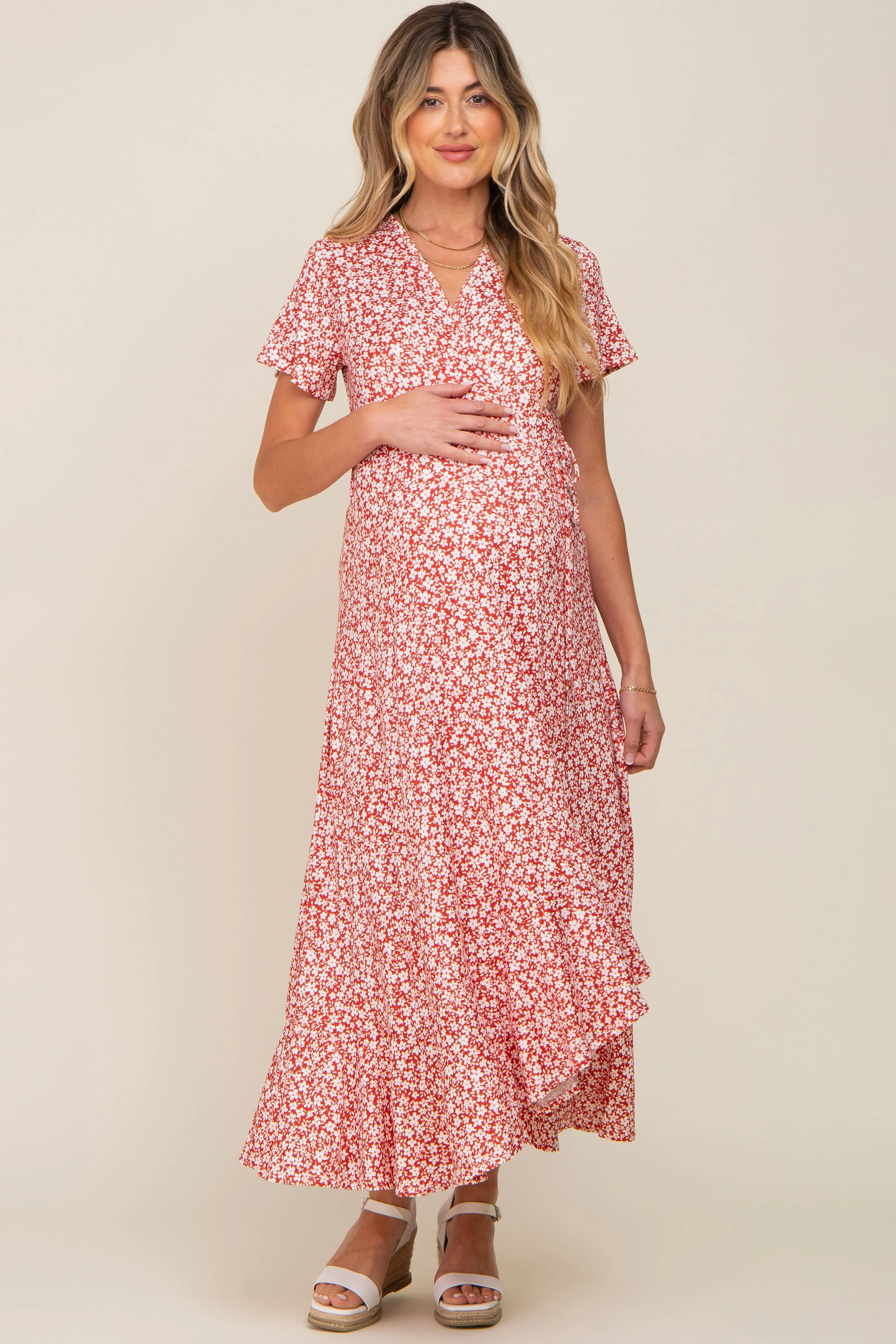 Red Floral Short Sleeve Maternity Wrap Maxi Dress sold by Pinkblush