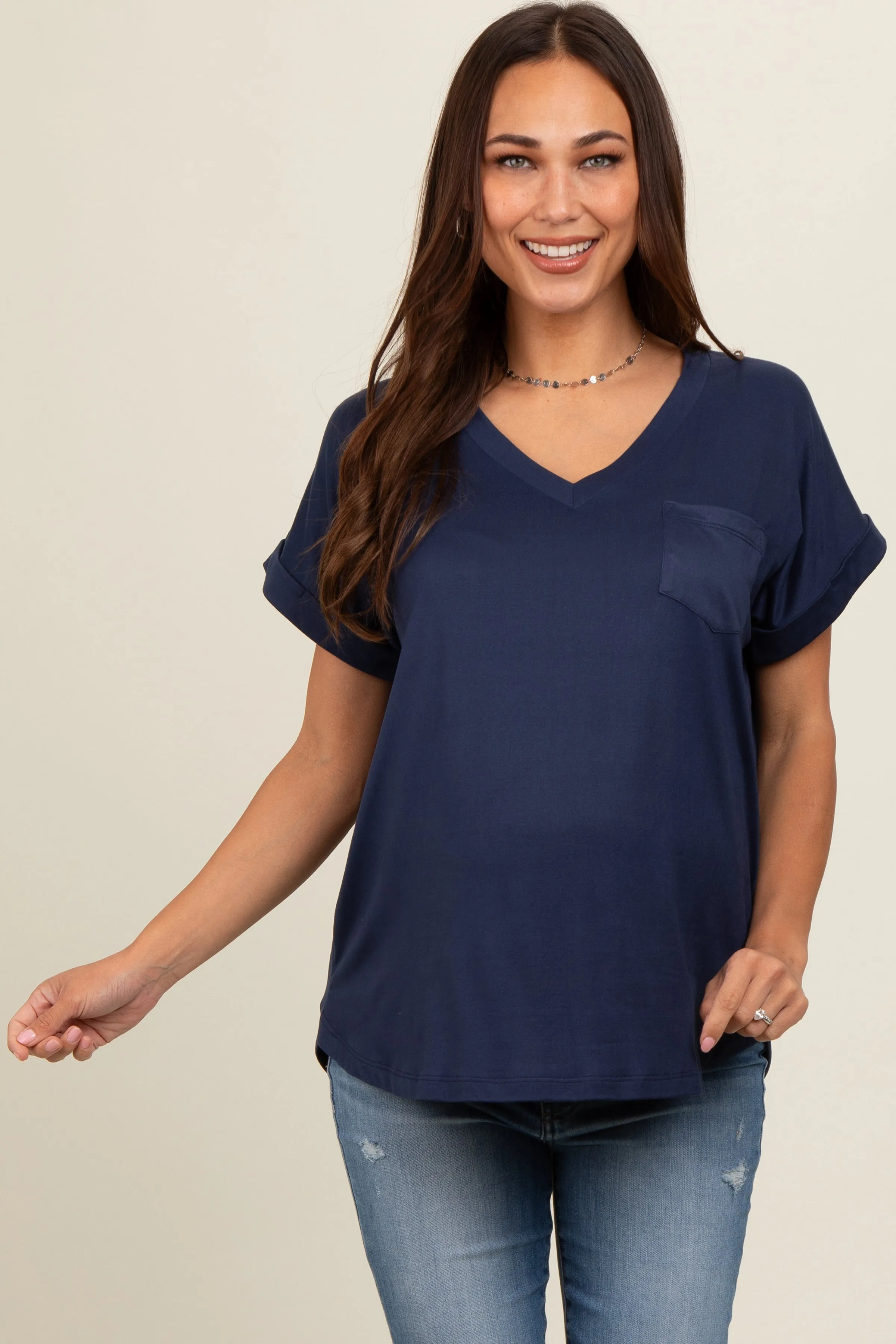 Navy V-Neck Pocket Short Sleeve Maternity Shirt sold by Pinkblush product image thumbnail 2