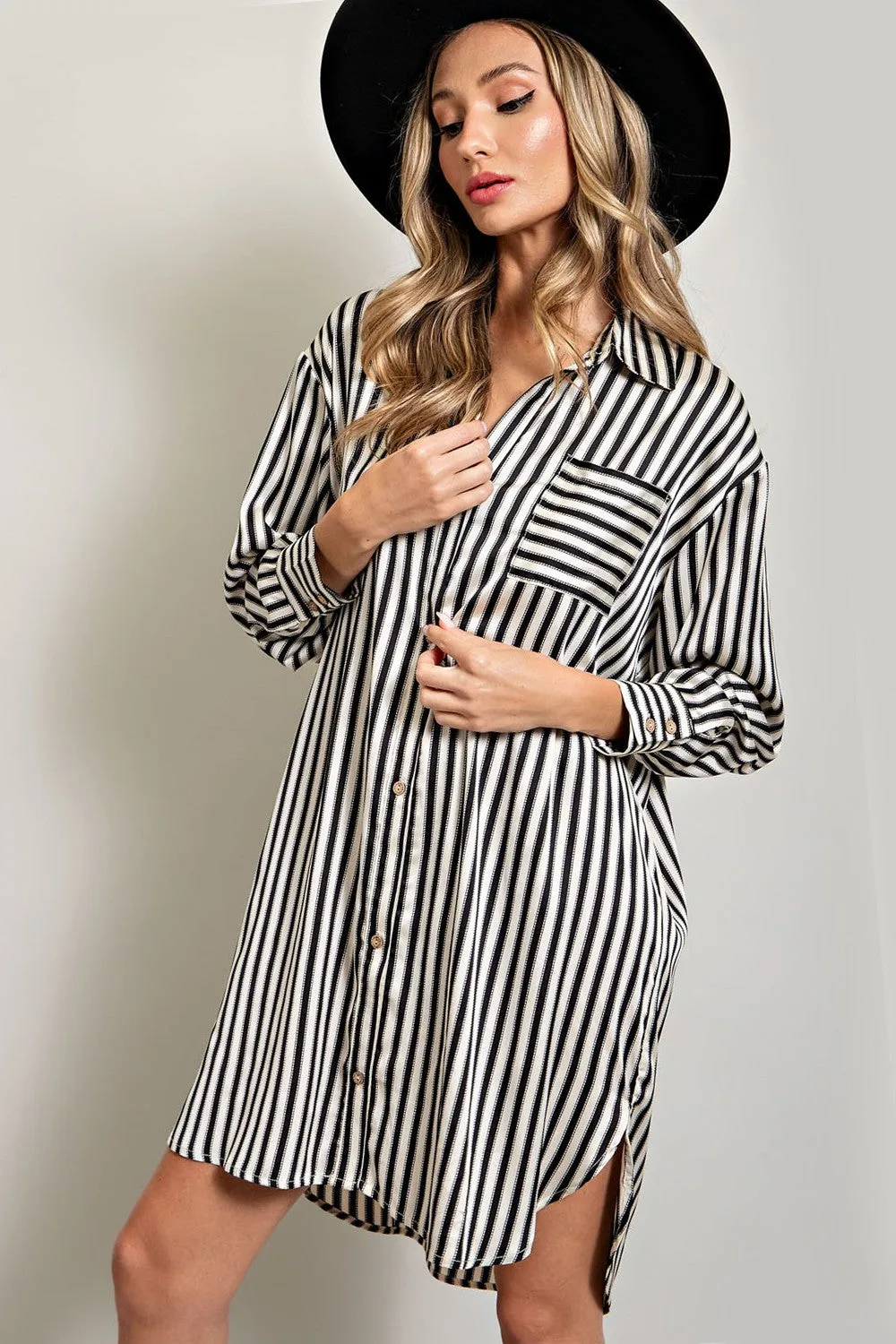 Black Cream Striped Collared Button-Down Dress sold by Pinkblush product image thumbnail 2