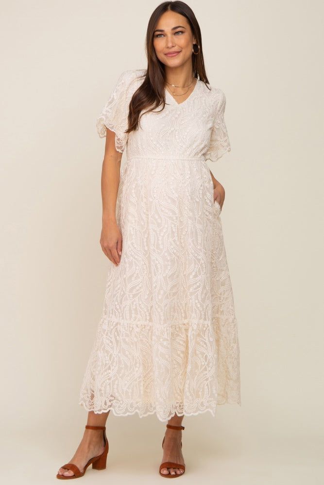 Cream Lace Overlay Maternity Maxi Dress sold by Pinkblush