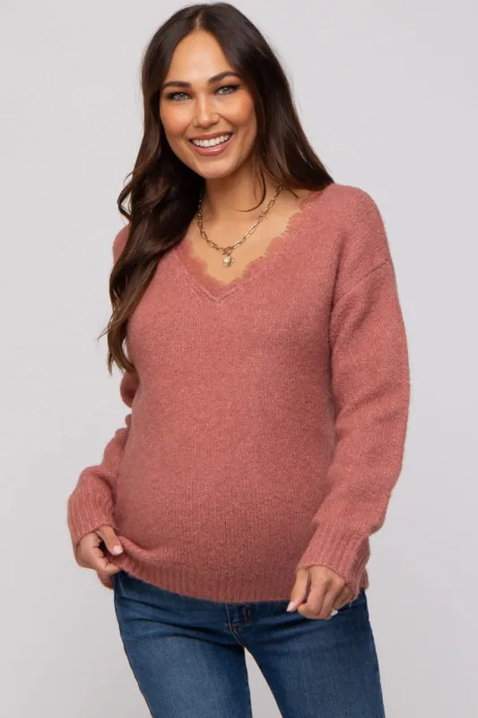 Mauve Soft Knit Lace Trim Maternity Sweater sold by Pinkblush