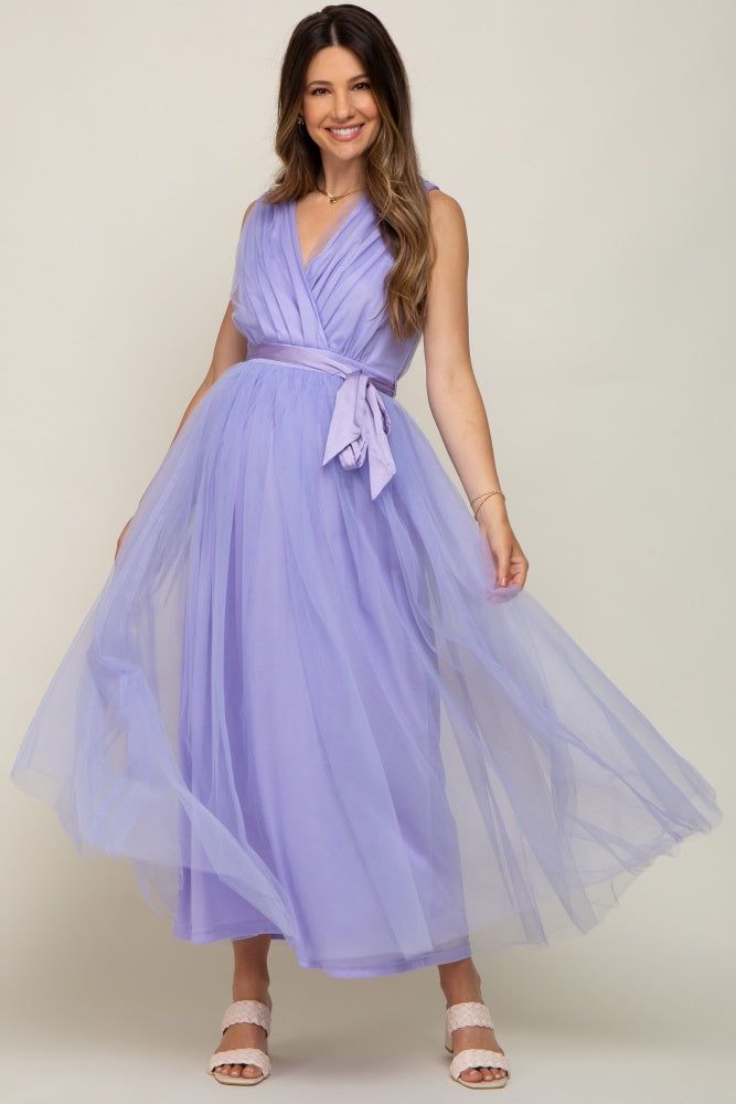 Lavender Wrap V-Neck Waist Tie Tulle Maternity Midi Dress sold by Pinkblush product image thumbnail 5