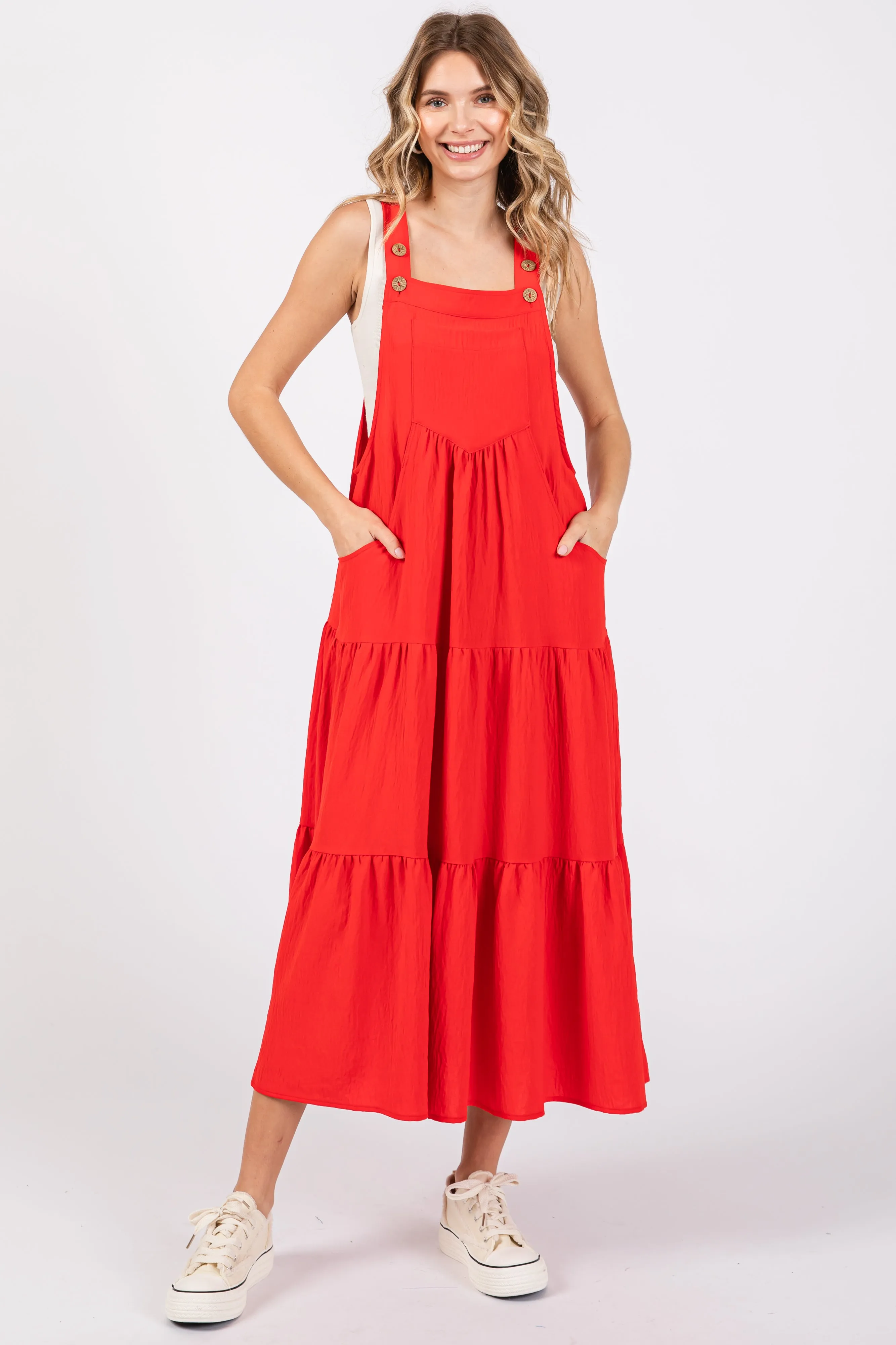 Red Button Sling Tiered Midi Dress sold by Pinkblush product image thumbnail 2