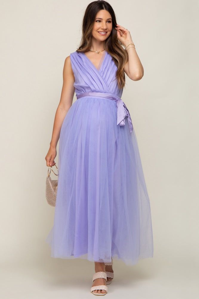 Lavender Wrap V-Neck Waist Tie Tulle Maternity Midi Dress sold by Pinkblush product image thumbnail 2