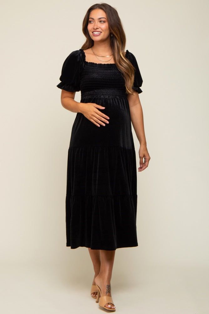 Black Velvet Tiered Maternity Midi Dress sold by Pinkblush product image thumbnail 4
