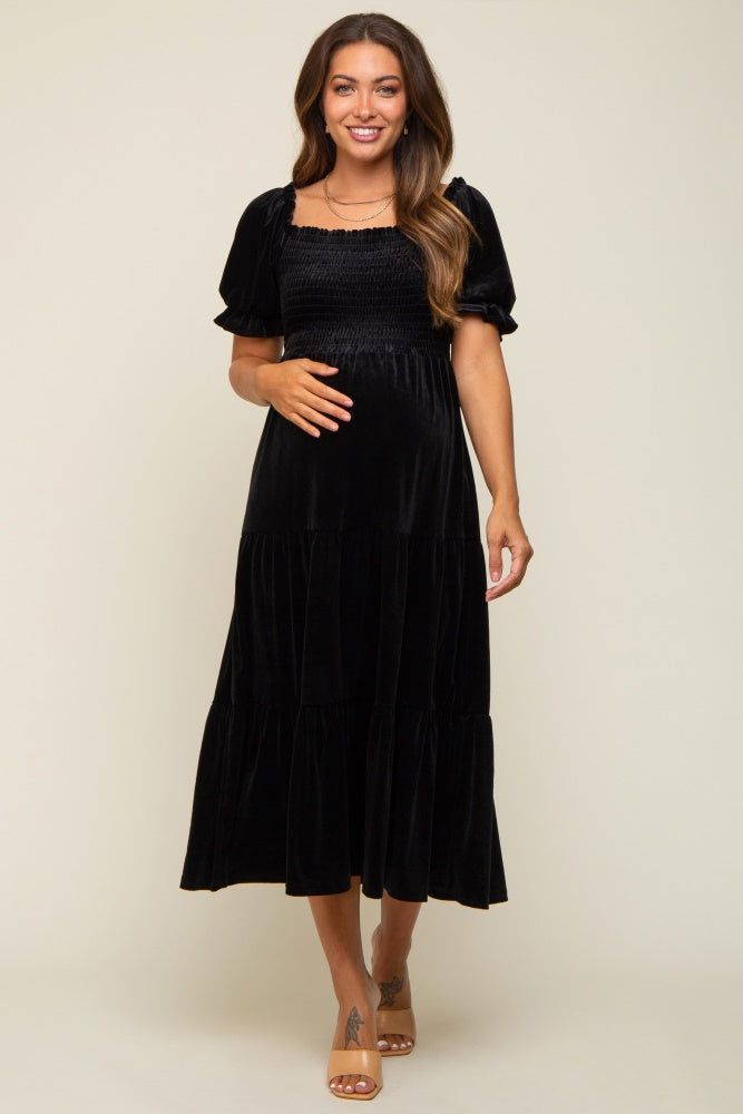 Black Velvet Tiered Maternity Midi Dress sold by Pinkblush