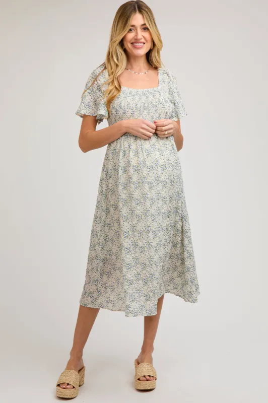 White Floral Square Neck Smocked Maternity Midi Dress sold by Pinkblush
