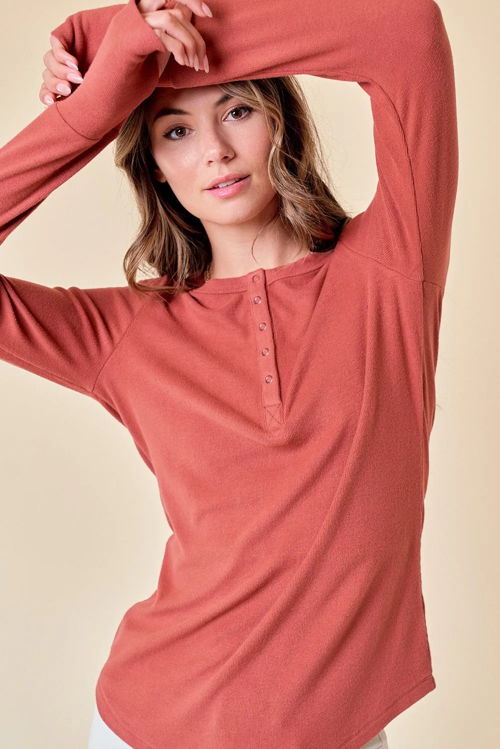Rust Button Front Soft Knit Long Sleeve Henley Top sold by Pinkblush