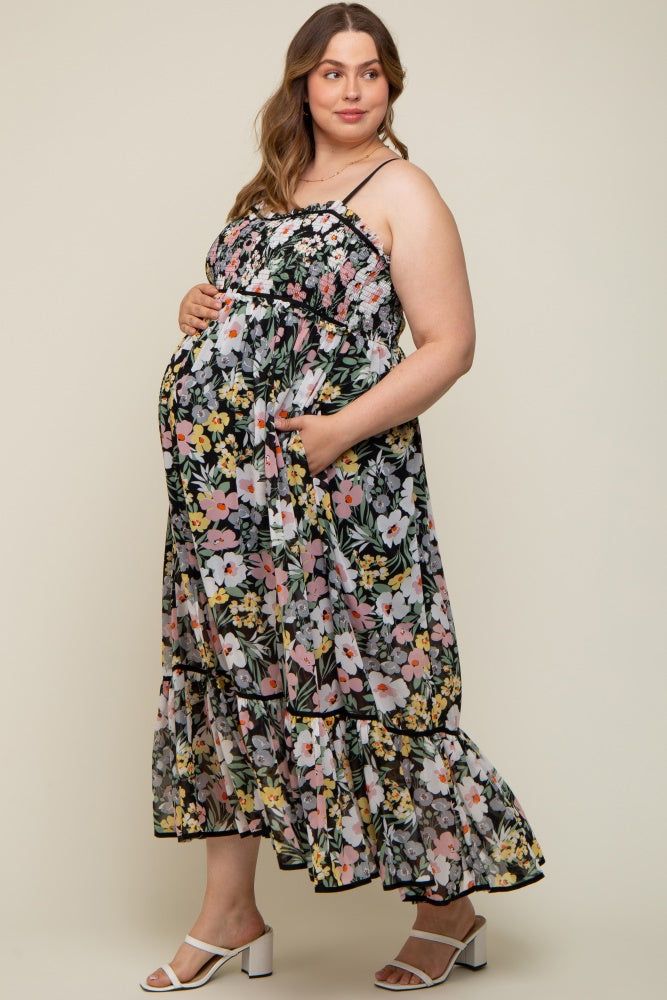 Black Floral Sleeveless Button Down Plus Maternity Maxi Dress sold by Pinkblush product image thumbnail 2