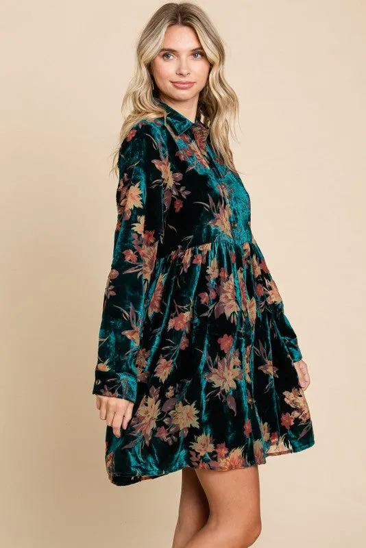 Forest Green Velvet Floral Burnout Button Front Long Sleeve Dress sold by Pinkblush product image thumbnail 3