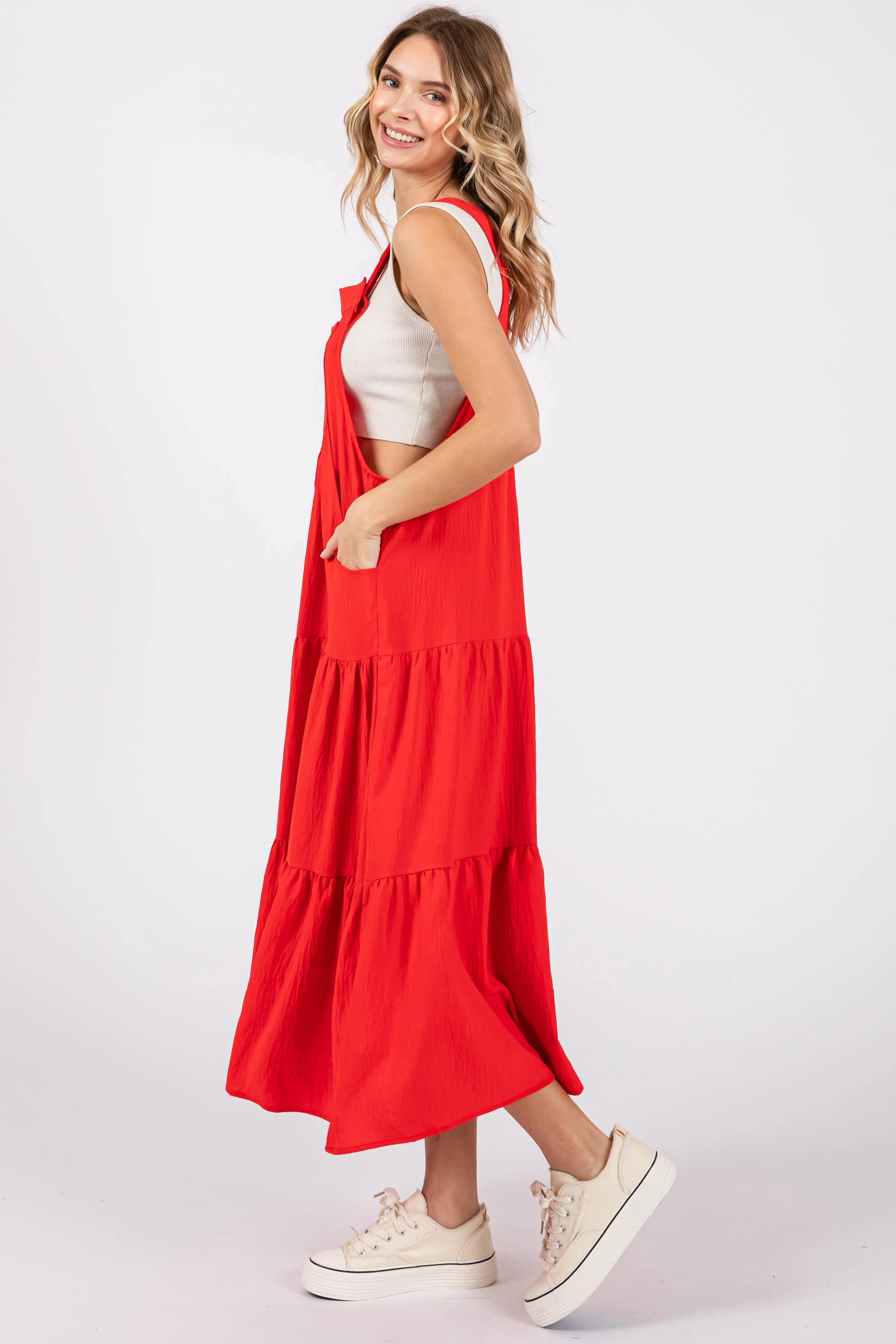 Red Button Sling Tiered Midi Dress sold by Pinkblush product image thumbnail 3