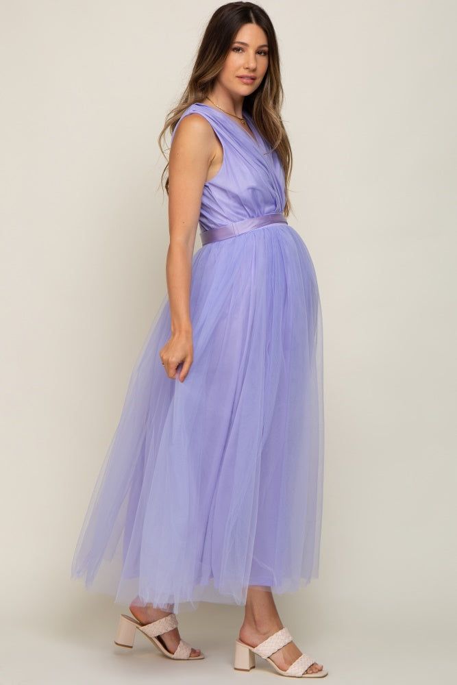 Lavender Wrap V-Neck Waist Tie Tulle Maternity Midi Dress sold by Pinkblush product image thumbnail 3
