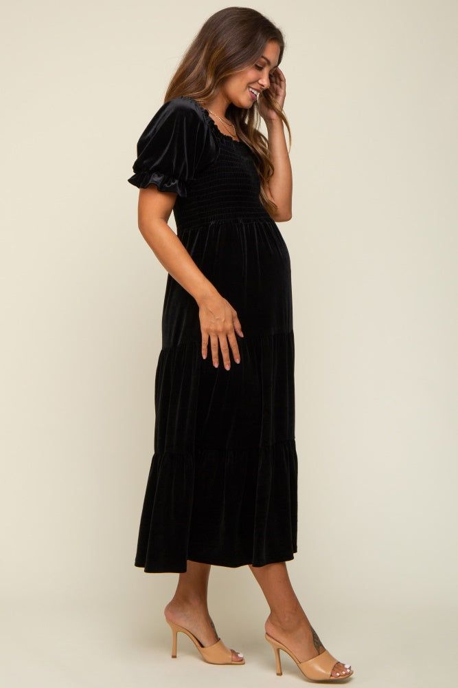 Black Velvet Tiered Maternity Midi Dress sold by Pinkblush product image thumbnail 2