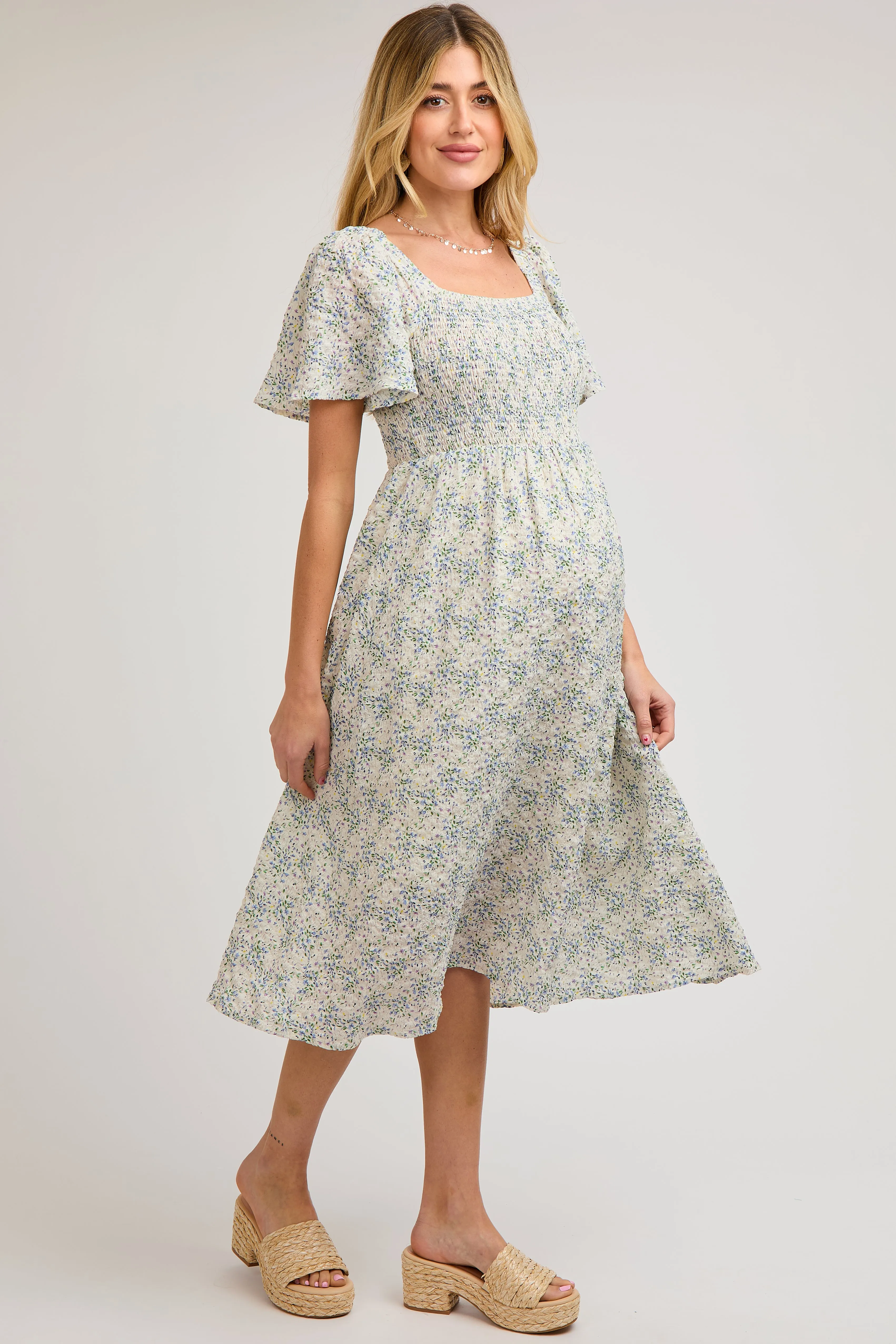 White Floral Square Neck Smocked Maternity Midi Dress sold by Pinkblush product image thumbnail 4