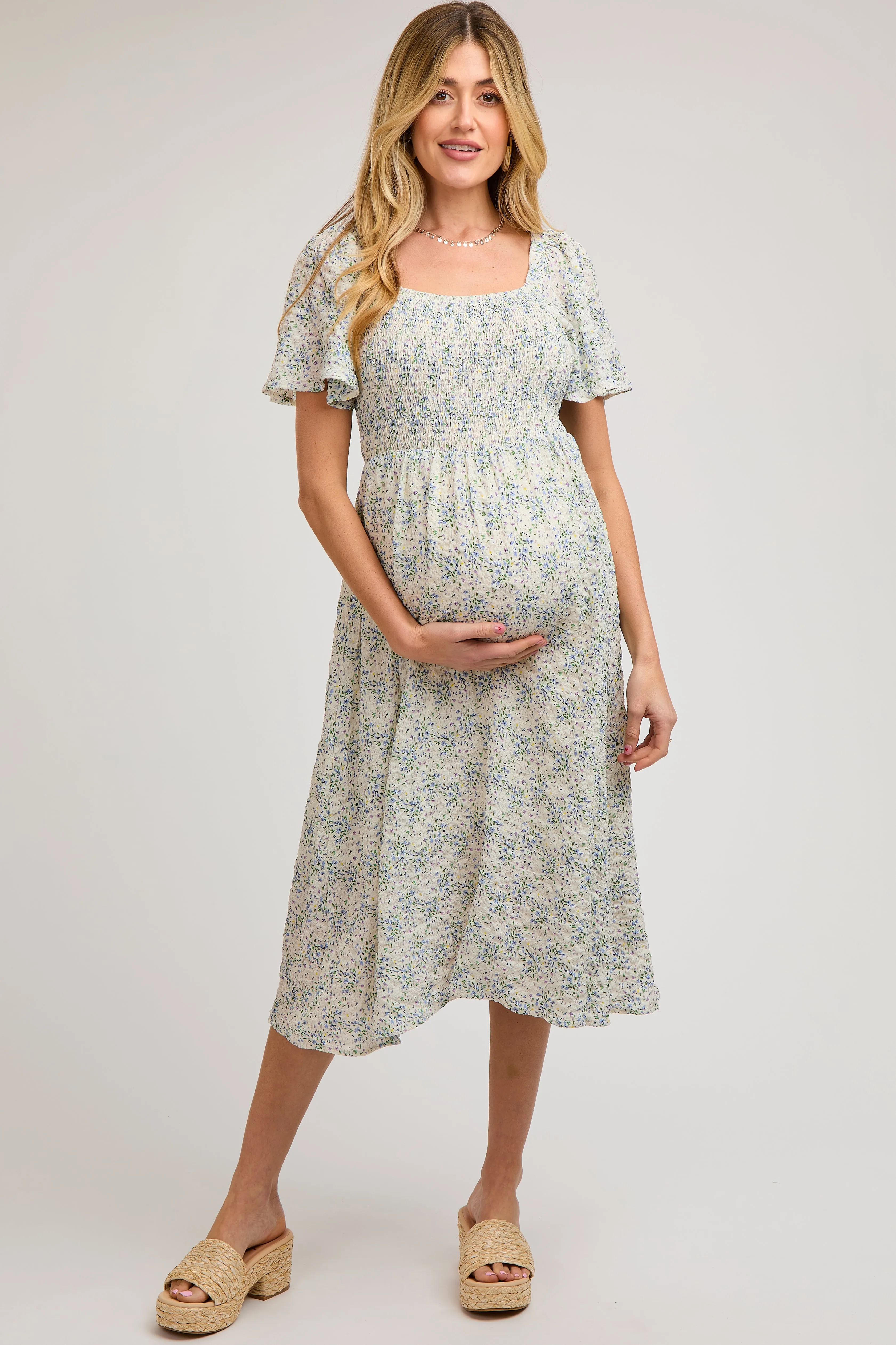 White Floral Square Neck Smocked Maternity Midi Dress sold by Pinkblush product image thumbnail 2