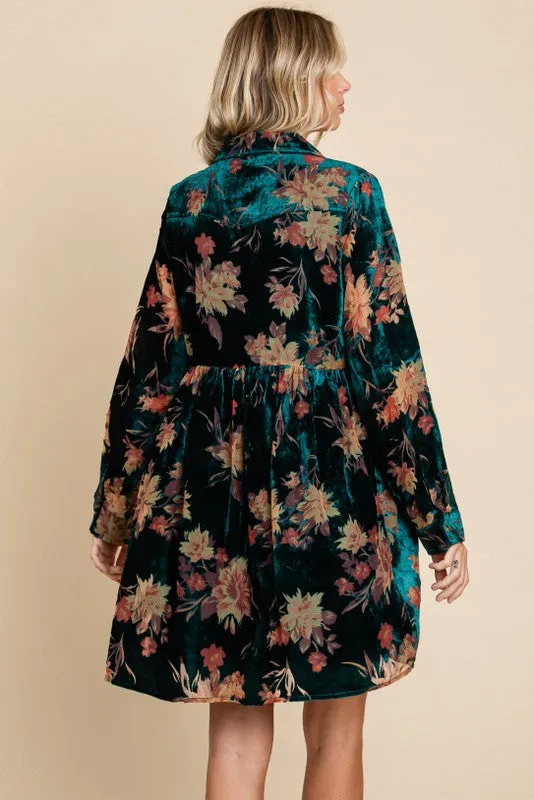 Forest Green Velvet Floral Burnout Button Front Long Sleeve Dress sold by Pinkblush product image thumbnail 4