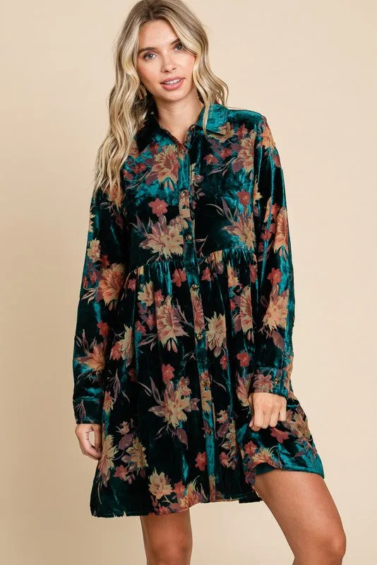 Forest Green Velvet Floral Burnout Button Front Long Sleeve Dress sold by Pinkblush