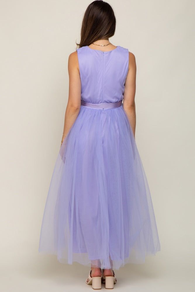 Lavender Wrap V-Neck Waist Tie Tulle Maternity Midi Dress sold by Pinkblush product image thumbnail 4