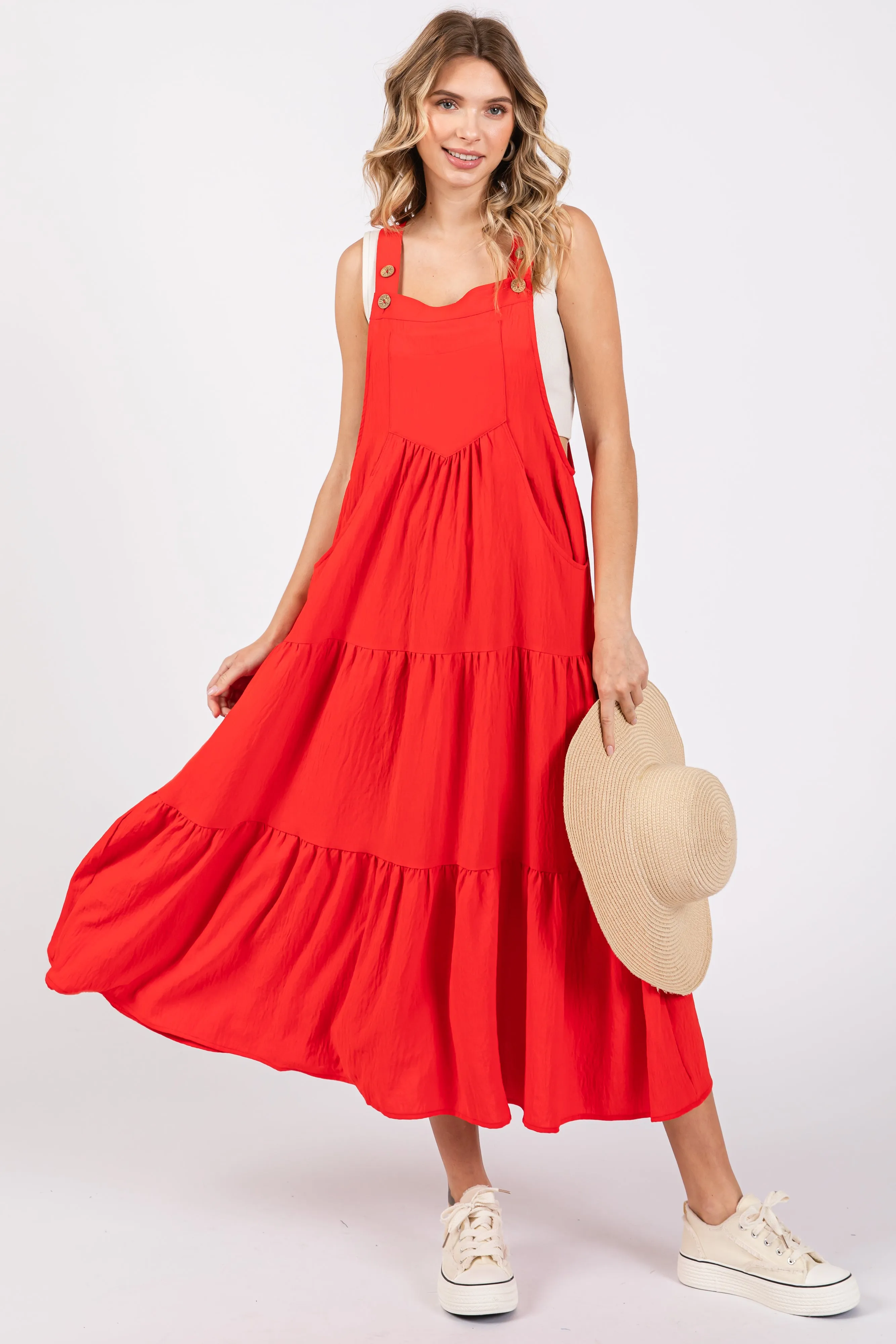 Red Button Sling Tiered Midi Dress sold by Pinkblush