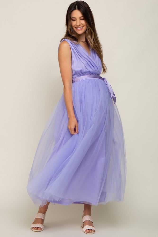 Lavender Wrap V-Neck Waist Tie Tulle Maternity Midi Dress sold by Pinkblush