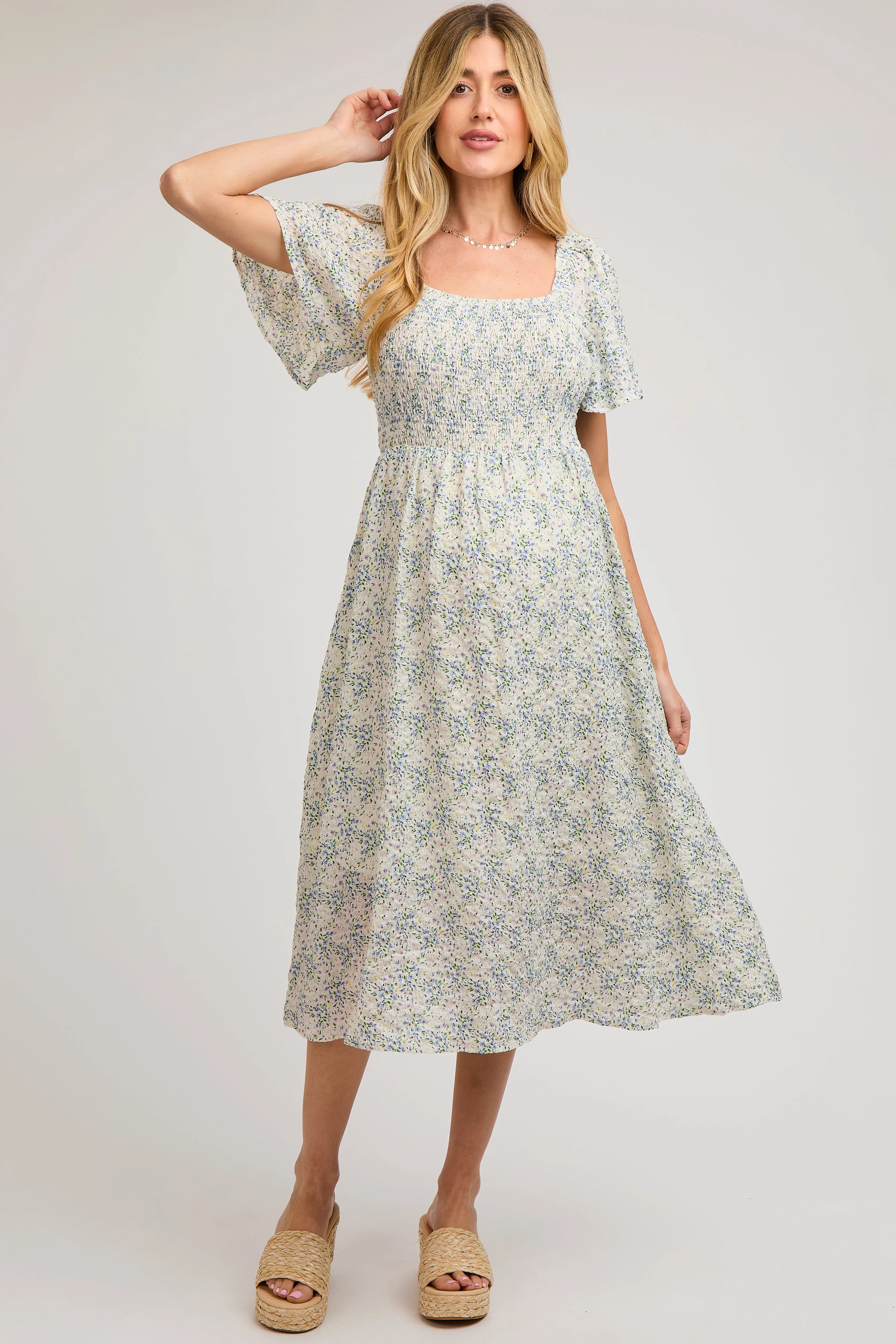 White Floral Square Neck Smocked Maternity Midi Dress sold by Pinkblush product image thumbnail 3