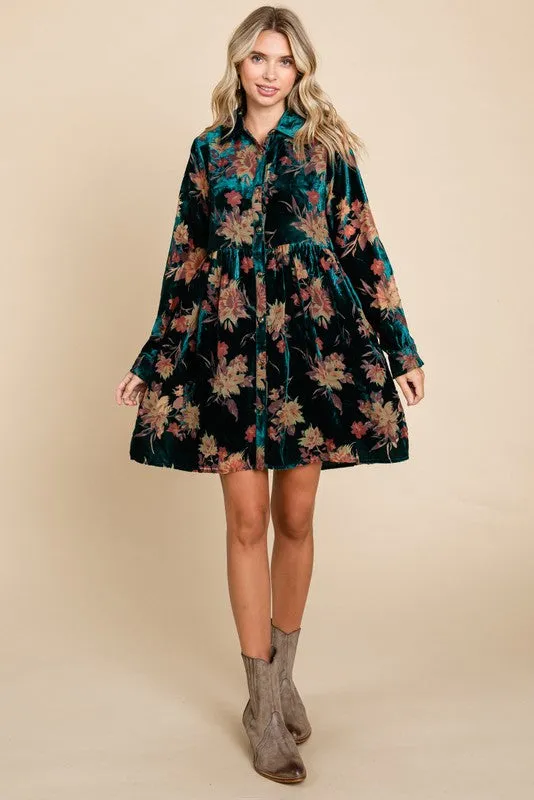 Forest Green Velvet Floral Burnout Button Front Long Sleeve Dress sold by Pinkblush product image thumbnail 5