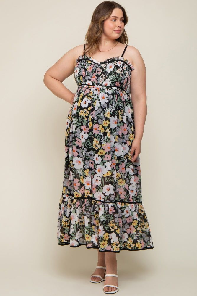 Black Floral Sleeveless Button Down Plus Maternity Maxi Dress sold by Pinkblush