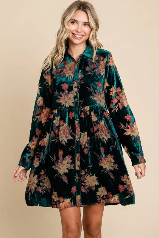 Forest Green Velvet Floral Burnout Button Front Long Sleeve Dress sold by Pinkblush product image thumbnail 2