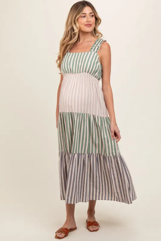 Green Colorblock Striped Tiered Maternity Midi Dress sold by Pinkblush