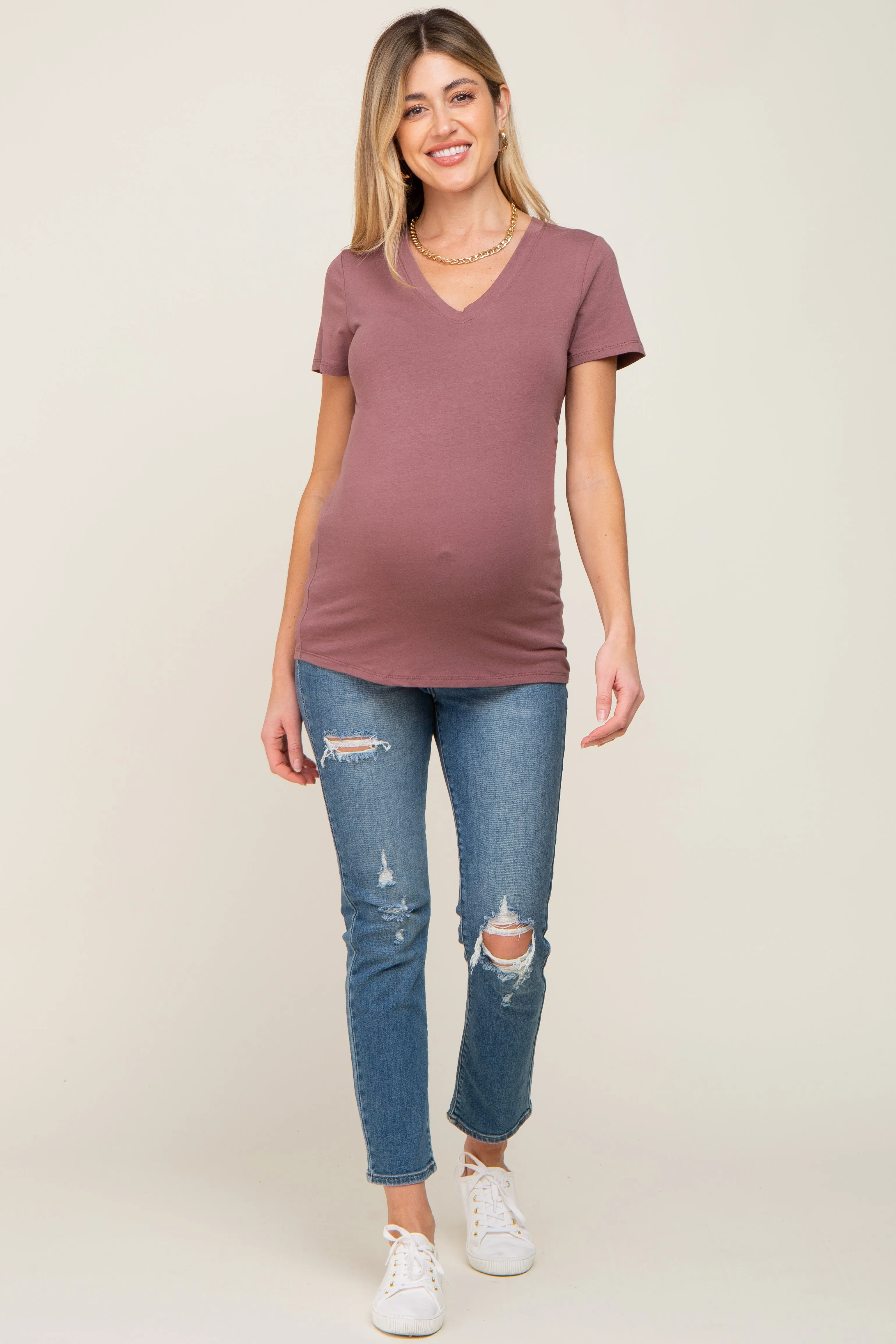 Dark Burgundy Basic V-Neck Maternity Tee sold by Pinkblush product image thumbnail 4